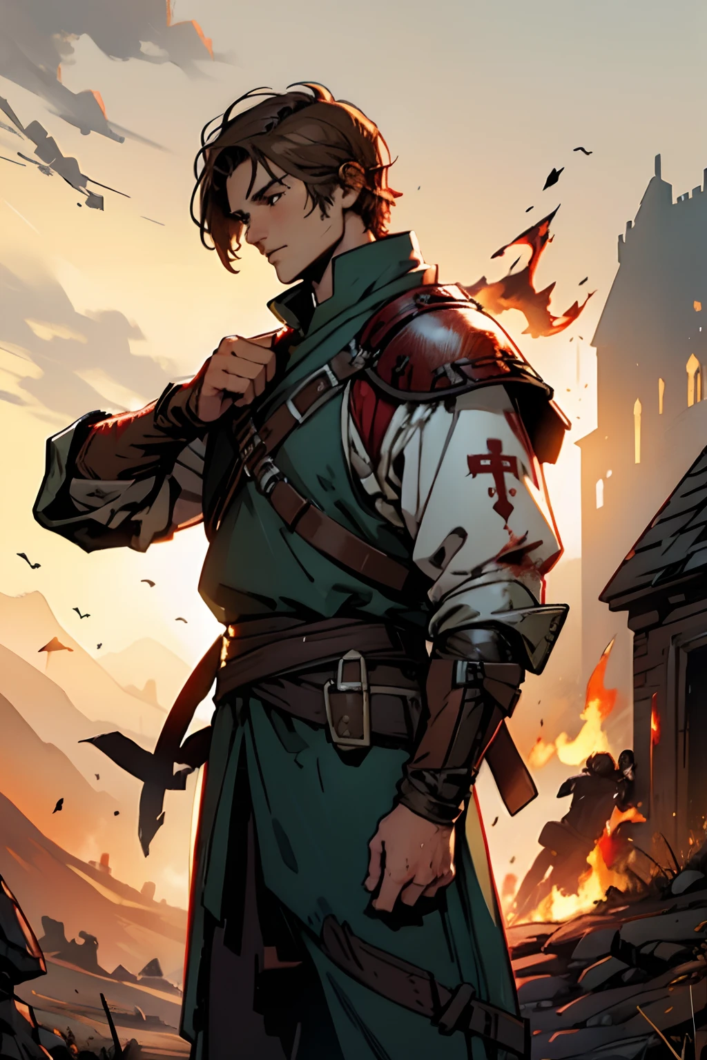 Ranger, noble, human, brunette, male, war, battlefield, blood, fire, short hair, fantasy