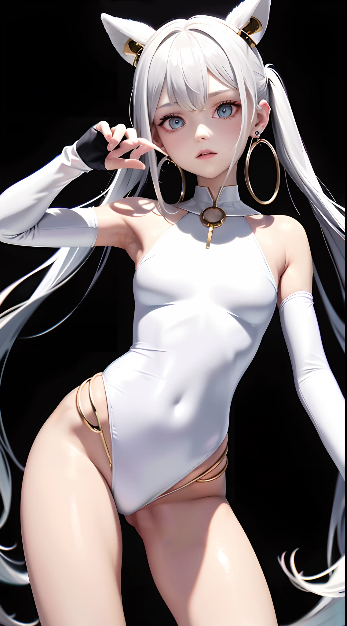 optimum,tmasterpiece,A high resolution,best qualtiy,hyper HD,16k,(full bodyesbian),Faraway view,Beautiful teenage girl,whaite hair,Hairline,((Heterochromic pupils)),Hanging eye corners,White skin of the,(small boobs),(Slim body),((hazmat_suit)),ear studs,(neck rings)