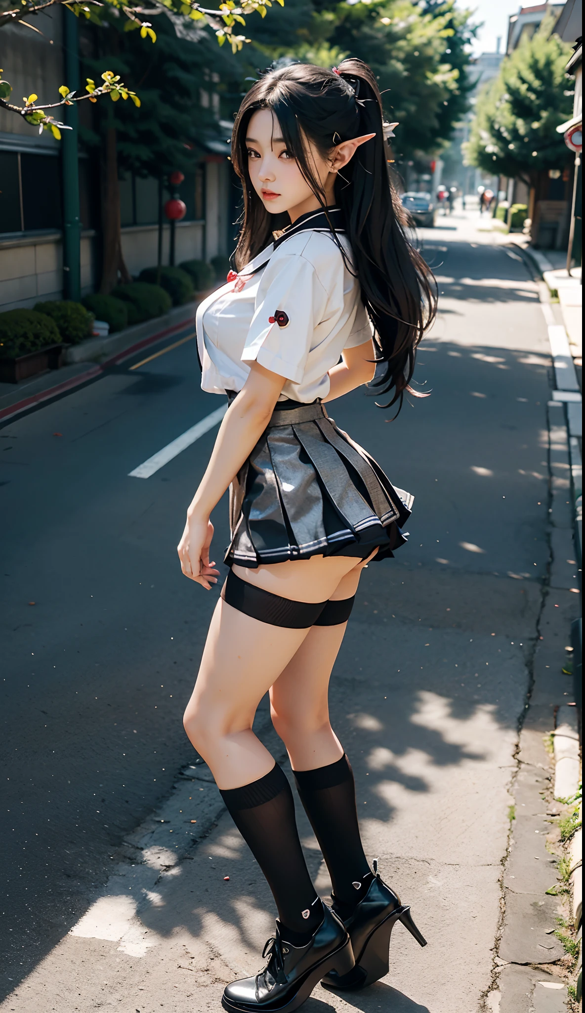 (Japanese-style school,the cherry trees:1 Elf beauty,standing on your feet,a sailor suit), tmasterpiece, best qualtiy, RAW photogr,Meticulous facial portrayal,realisticlying, Incredibly Ridiculous res,(Elf long ears), ear studs,hair pin, (Long flowing silver-black hair:1.9),eye shadows,(a sailor suit),eardrop,foot ring,short skirt,(Black sport socks)(Black half-knee socks),(Black sport socks),(Low-heeled leather shoes),two longer legs,depth of fields, A high resolution, ultra - detailed, filigree, RAWE is very detailed, very detailed eyes and faces, Sharp pupils, realistic pupil, tack sharp focus, cinmatic lighting,full bodyesbian,Bigboobs,long leges,From the front side,dynamicposes,Normal posture,closeup of face