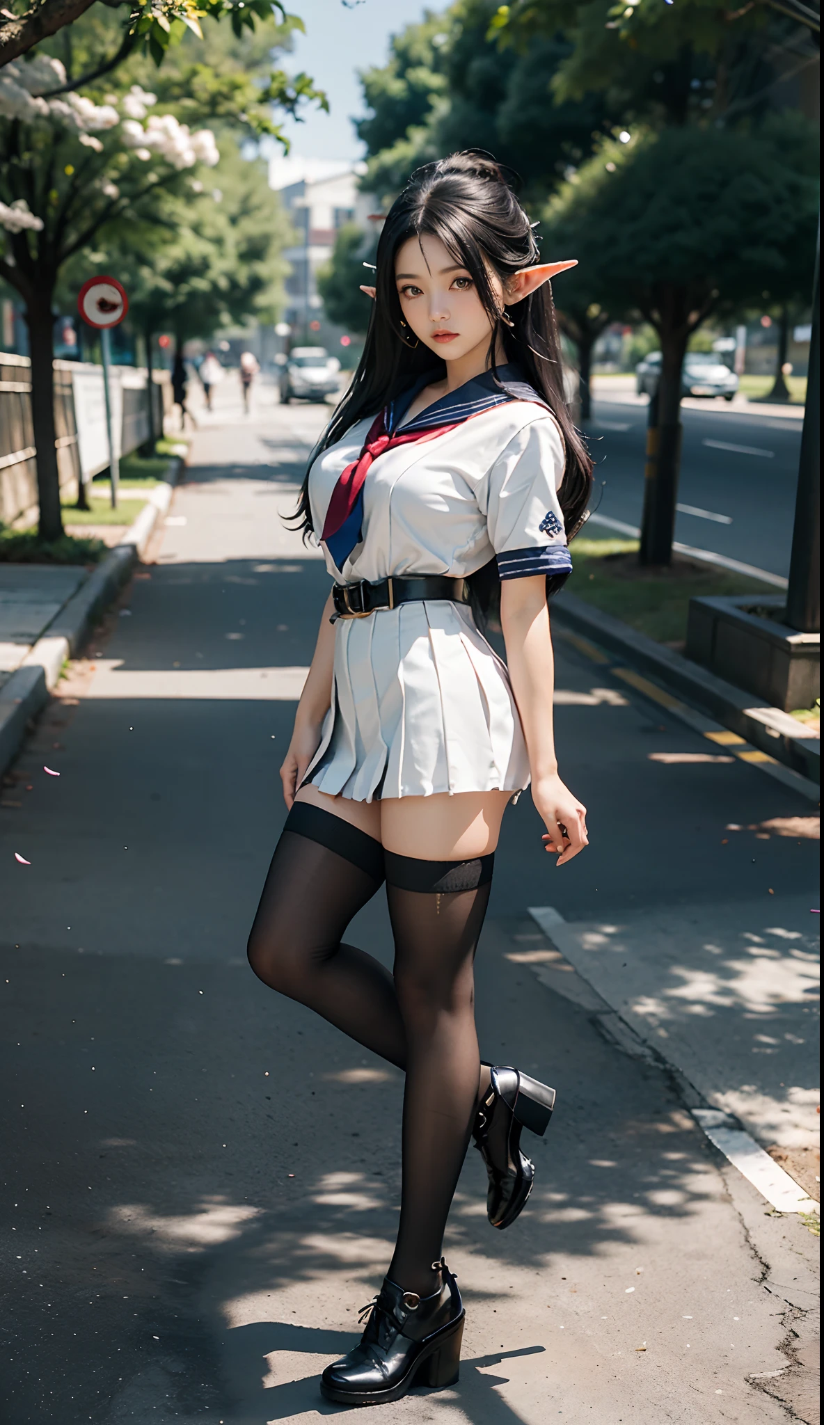 (Japanese-style school，the cherry trees：1 Elf beauty，standing on your feet，a sailor suit）， tmasterpiece， best qualtiy， RAW photogr，Meticulous facial portrayal，realisticlying， Incredibly Ridiculous res，(Elf long ears)， ear studs，hair pin， (Long flowing silver-black hair：1.9)，eye shadows，(a sailor suit)，eardrop，foot ring，short  skirt，(Black sport socks)（Black half-knee socks)，（Black sport socks），(Low-heeled leather shoes)，two longer legs，depth of fields， A high resolution， ultra - detailed， filigree， RAWE is very detailed， very detailed eyes and faces， Sharp pupils， realistic pupil， tack sharp focus， cinmatic lighting，full bodyesbian，Bigboobs，long leges，From the front side，dynamicposes，Normal posture，closeup of face