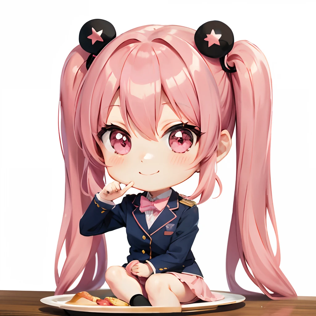 Cute chibi anime sitting on a plate, long pink hair with twin tails、Dark blue blazer、Wearing a uniform with a pink skirt, Smiling, Logo is cheap