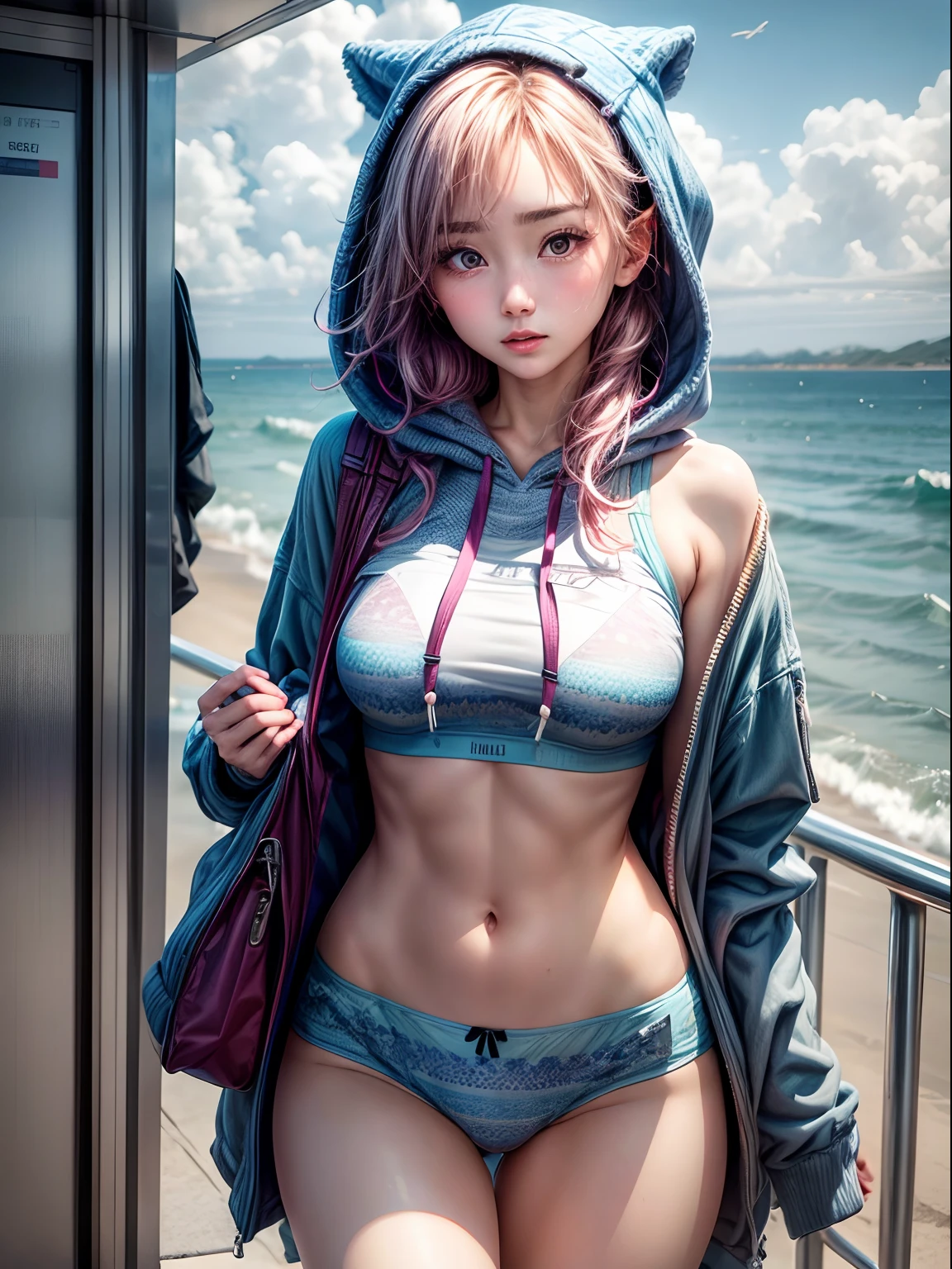 Take off your hoodie　embarrassed from　In the process of takeoff　Plain clothe　prety woman　sea side　paler　Patterned colorful underwear　paler