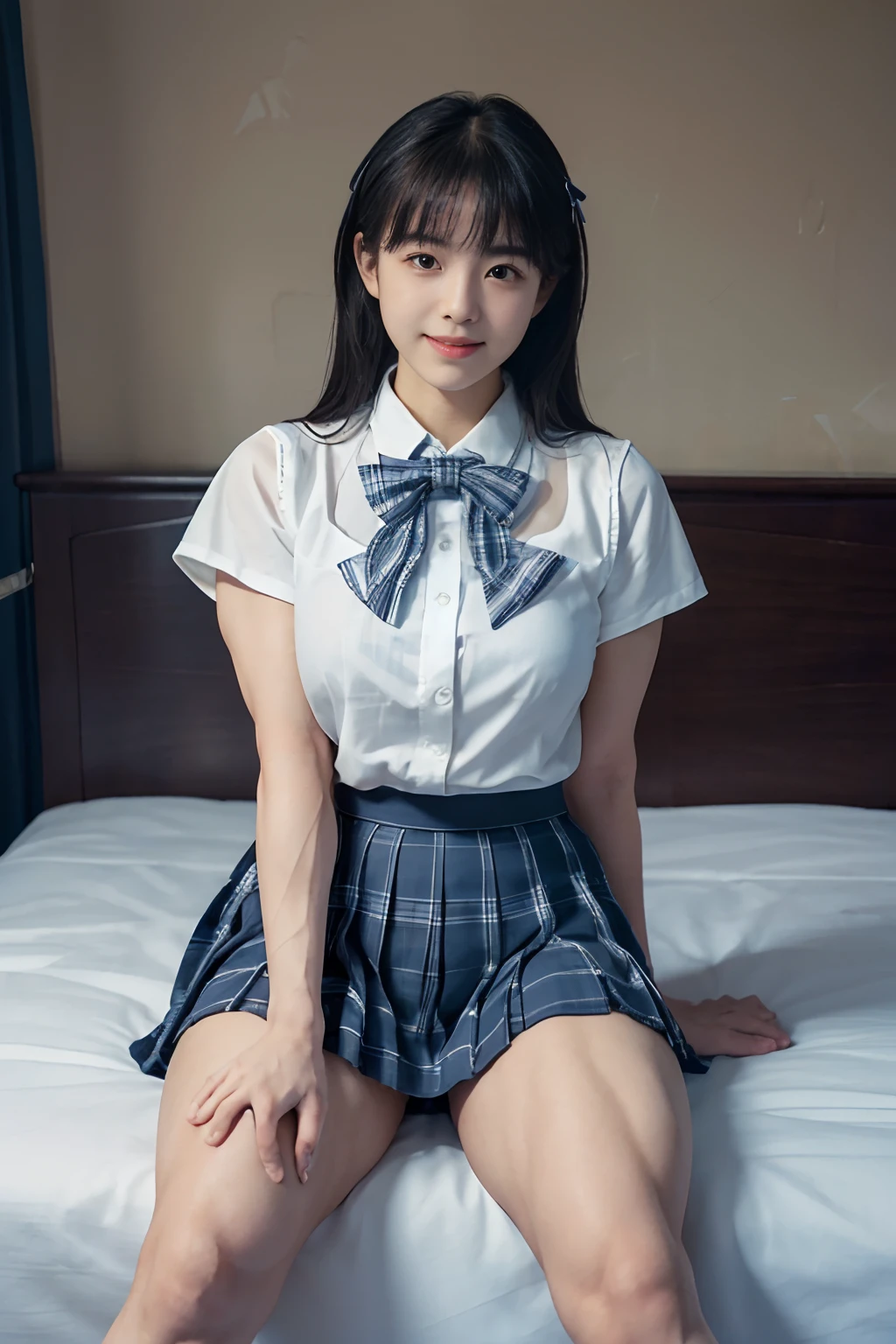 (Raw photography:1.5),(top-quality:1.5)、(masuter piece:1.5)、(hight resolution:1.5)、(Raw photography:1.5),(Photorealsitic:1.38)、(foco nítido:1.5)、
japanes、17 only、One girl、((Cowboy Shots:1.2)),((Body Like a Male Bodybuilder:1.8))、((Thick arms with sculpted muscles:1.28)),((long legged:1.4)),((Sculpted muscular thick thighs:1.65)),((large full breasts:1.2))、
((fair white skin))、
((Delicate and perfect beautiful face,beatiful detailed eyes、big eye、二重まぶた、Smiling))、
((Japan schoolgirl uniform、White short-sleeved shirt、a bow tie、Navy Blue Plaid Pleated Skirt、Dark blue high socks:1.2)),((hime-cut)),
((Sit with your legs spread in an M shape:1.2))、
((Hotel bedroom))、
looking at the viewers、Facing the audience,The dim、