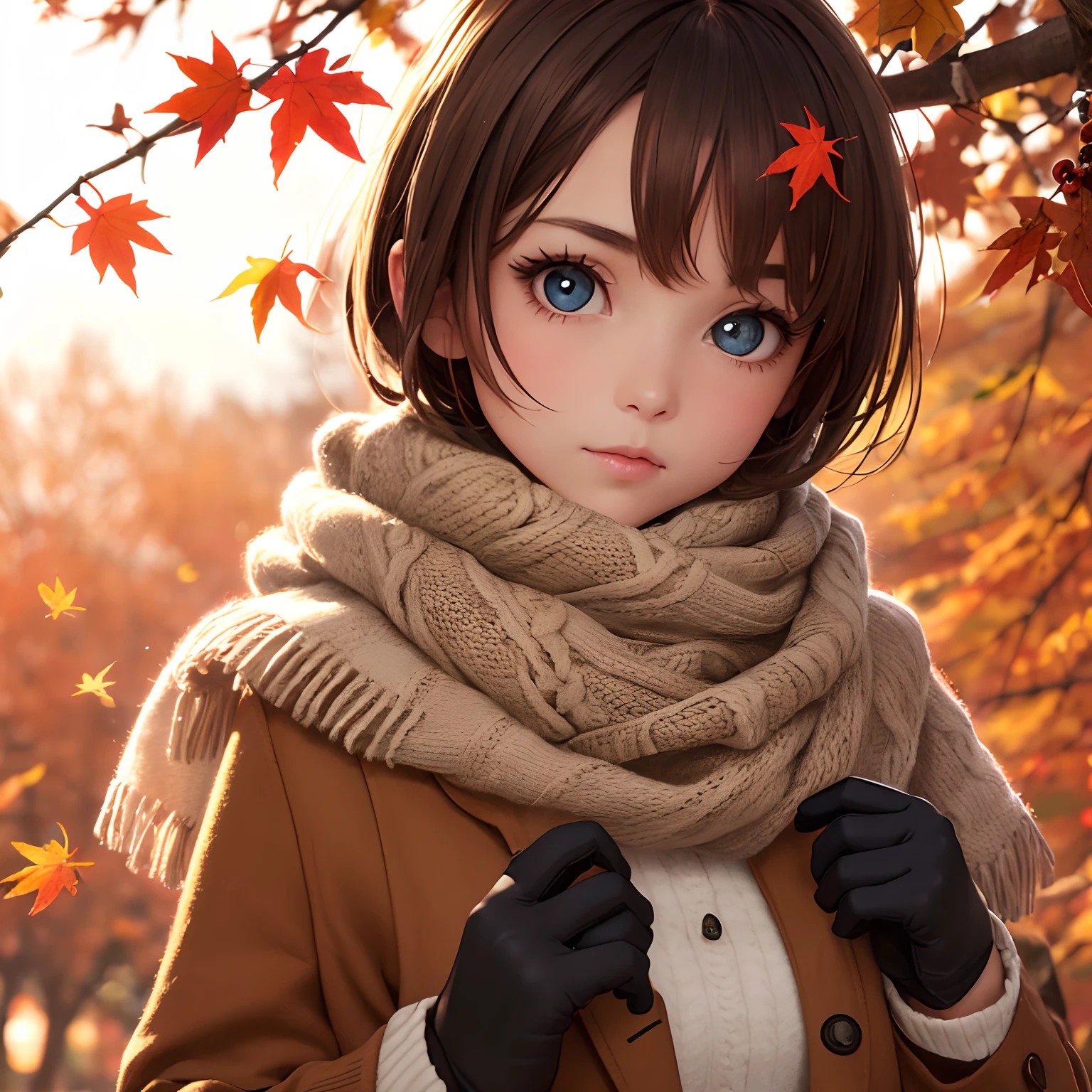 finest image, portrait, very cute girl, light brown glossy pixie cut, sparkling big eyes, scarf, gloves, fluffy sweater, background fallen leaves and chestnuts are covered with autumn leaves, professional lighting