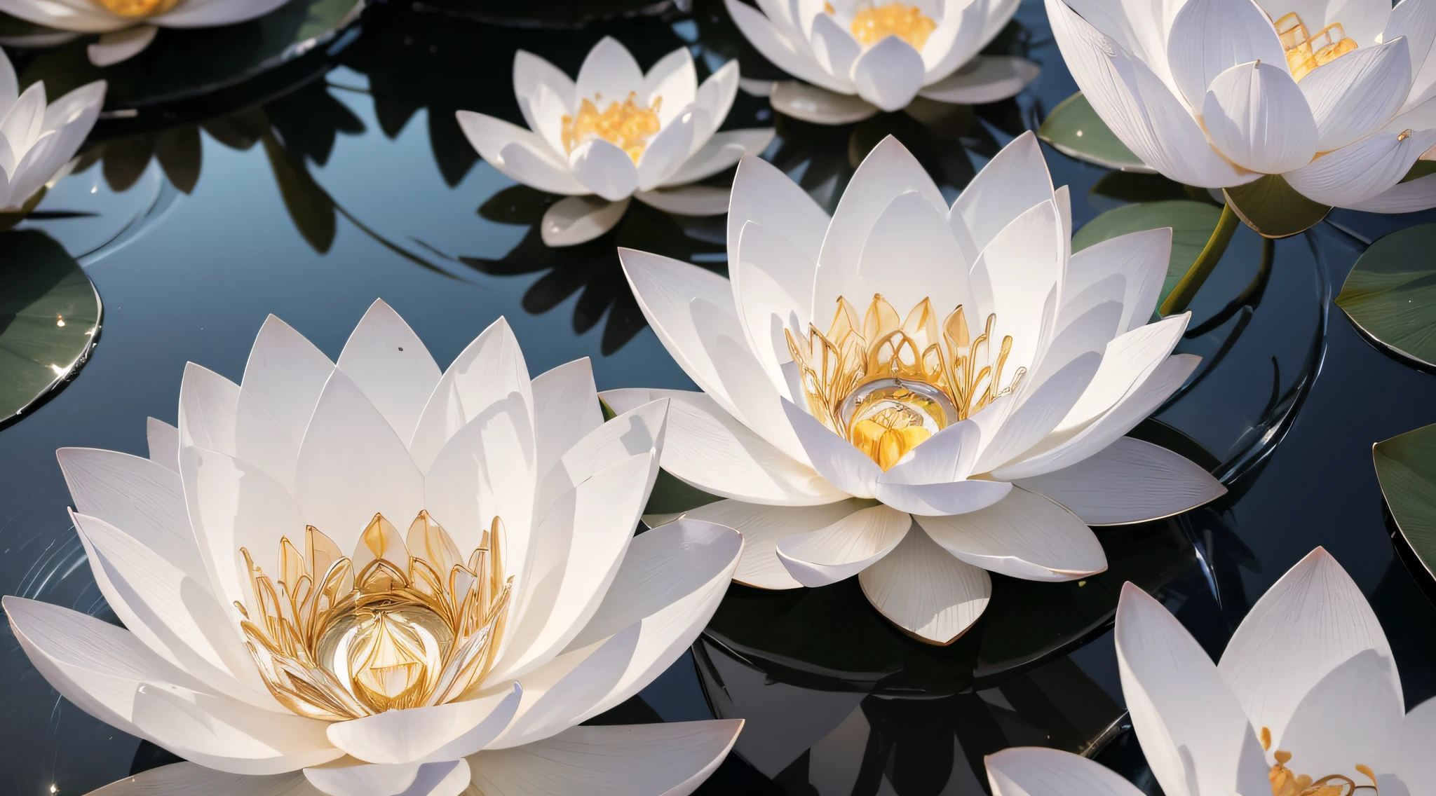(best quality,4k,8k,highres,masterpiece:1.2),ultra-detailed,(realistic,photorealistic,photo-realistic:1.37),crystal lotus flower,shimmering,ethereal,delicate petals,transparent,reflective surface,luminous glow,lotus bud opening,fresh water droplets,subtle ripples,tranquil pond,gentle breeze,soft natural light,harmonious color palette,crystal-clear details,exquisite craftsmanship,meticulous attention to texture,naturalistic surroundings,serene atmosphere,harmonic balance,sprouting leaves,blooming in full,serene reflection,magical aura,serenity in motion,perfect symmetry,faint fragrance,subtle opalescent colors,gleaming petals,pristine beauty,translucent stalk,graceful curves,dainty blossoms,dazzling crystalline form,frozen in time,pure and fragile,treasure from a dream,sparkling crystal facets