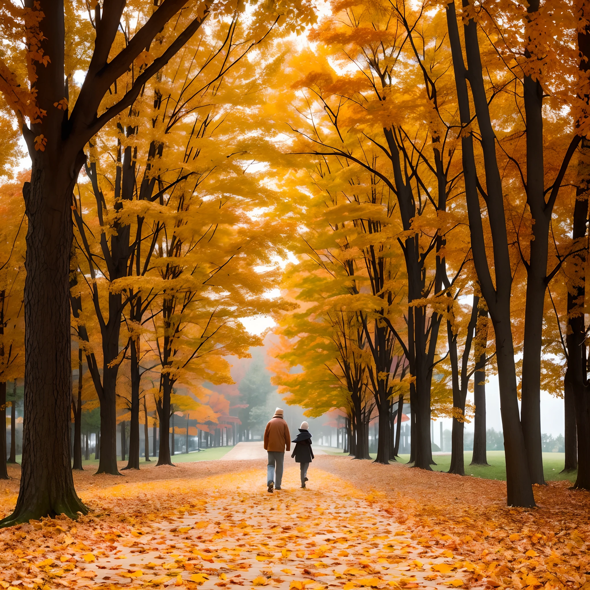 Create a visually stunning comical scene that embodies the beauty of fall in an unforgettable way. Pay special attention to composition and perspective, allowing the viewer to immerse themselves in the scene. Use warm, inviting colors to evoke the warmth of autumn. Artists: Charles Schulz (for emotional depth), Dave McKean (for innovative visual storytelling)