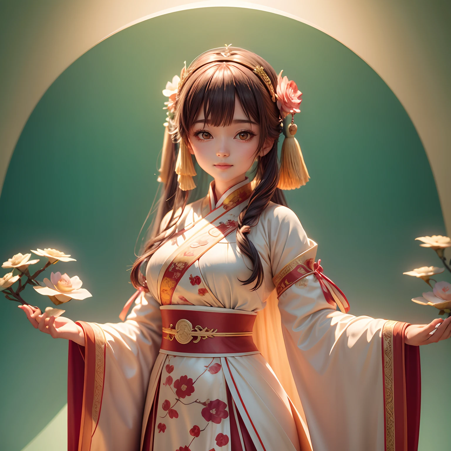 Movie Angle，（Cute girls，anatomy correct，full bodyesbian，Masterpiece camellia，Masterpiece Hanfu，ssmile），（illustratio，paper art，3Drenderingof），（plethora of colors，Best quality，high detal，tmasterpiece，Cinematic lighting effects，4K，Chiaroscuro）