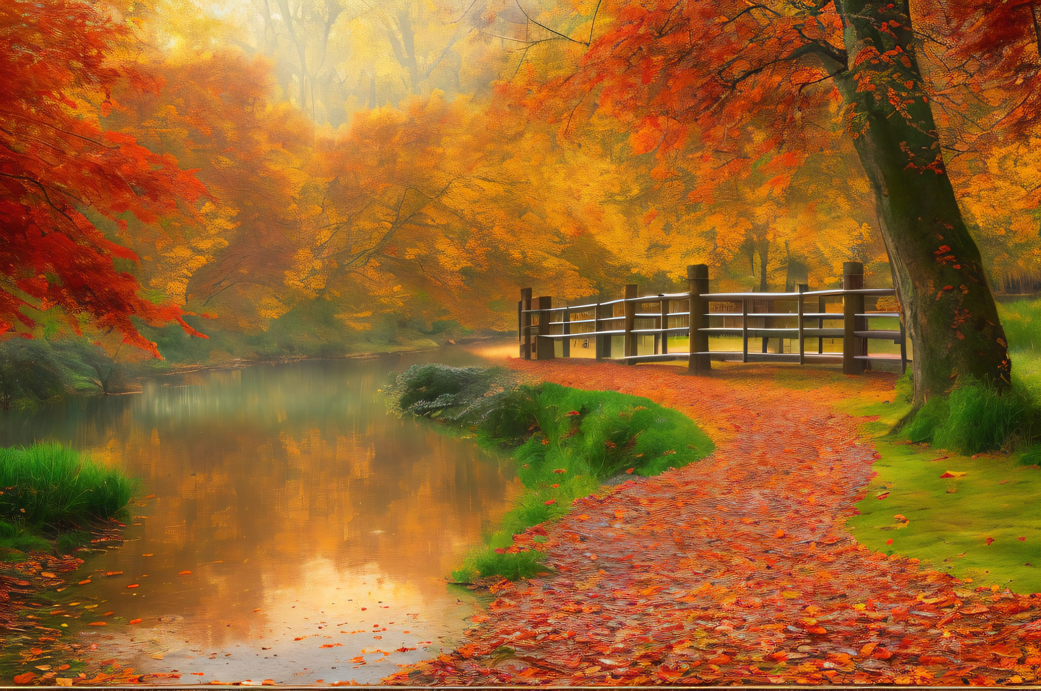 (best quality, 4k, 8k, highest, masterpiece:1.2), ultra-detailed, (realistic, photorealistic, photo-realistic:1.37), China Ink Art drawing, vibrant autumn scene, leaves, trees, crisp air, golden sunlight, floating leaves, falling leaves, swirling wind, dappled sunlight through the trees, reflection in a calm lake, rustic wooden bridge, a path covered with fallen leaves, breathtaking landscape, tranquility, nature's palette, peaceful, serene, autumn bliss, hint of nostalgia, warm shades of red, orange, and yellow, cool blue sky, soft rays of sunlight, whispering wind, autumn festival, celebrating the harvest, smell of bonfires, family gathering, crimson maple trees, autumnal hues, tranquil lake, enchanting scenery, autumn leaves carpeting the ground, fallen leaves crunching underfoot, autumn foliage, tree-lined path, autumn mist, golden hour, autumnal glow, crackling leaves, tranquil ambiance, Autumn Serenade.