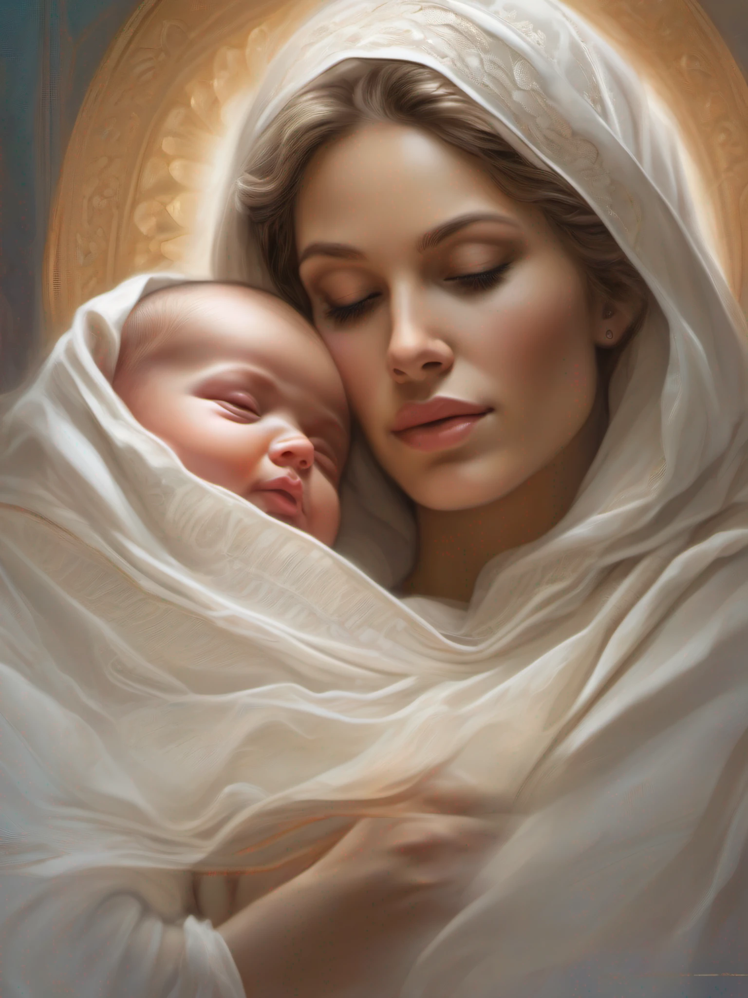 Drawing of a Mother Mary wore a white dress and a white shawl on her head, holding a  boy in her arms. Beautiful Art, painting of beautiful, Beautiful depiction, Portrait of the Mary, Soft light, detailed face, concept art, digital painting, digital art, Rendered in oil paint. by terry o'neill complex, elegant, highly detailed, digitally painted, art, concept art, smooth, sharp, glow, illustration, work of artgerm and greg rutkowski and alphonse mucha, 8 k