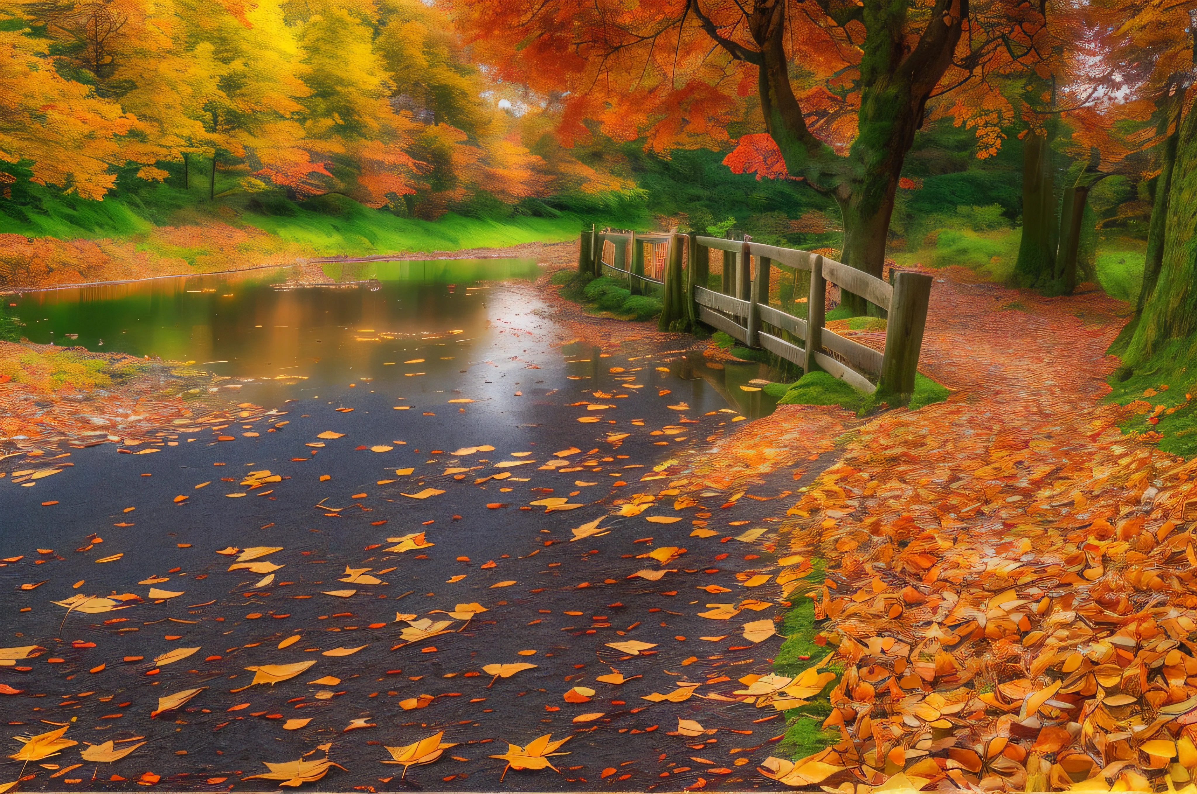 (best quality, 4k, 8k, highest, masterpiece:1.2), ultra-detailed, (realistic, photorealistic, photo-realistic:1.37), China Ink Art drawing, vibrant autumn scene, leaves, trees, crisp air, golden sunlight, floating leaves, falling leaves, swirling wind, dappled sunlight through the trees, reflection in a calm lake, rustic wooden bridge, a path covered with fallen leaves, breathtaking landscape, tranquility, nature's palette, peaceful, serene, autumn bliss, hint of nostalgia, warm shades of red, orange, and yellow, cool blue sky, soft rays of sunlight, whispering wind, autumn festival, celebrating the harvest, smell of bonfires, family gathering, crimson maple trees, autumnal hues, tranquil lake, enchanting scenery, autumn leaves carpeting the ground, fallen leaves crunching underfoot, autumn foliage, tree-lined path, autumn mist, golden hour, autumnal glow, crackling leaves, tranquil ambiance, Autumn Serenade.