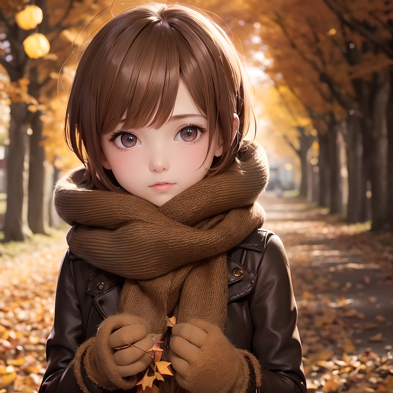 finest image, portrait, very cute girl, light brown glossy pixie cut, sparkling big eyes, scarf, gloves, fluffy sweater, background fallen leaves and chestnuts are covered with autumn leaves, professional lighting