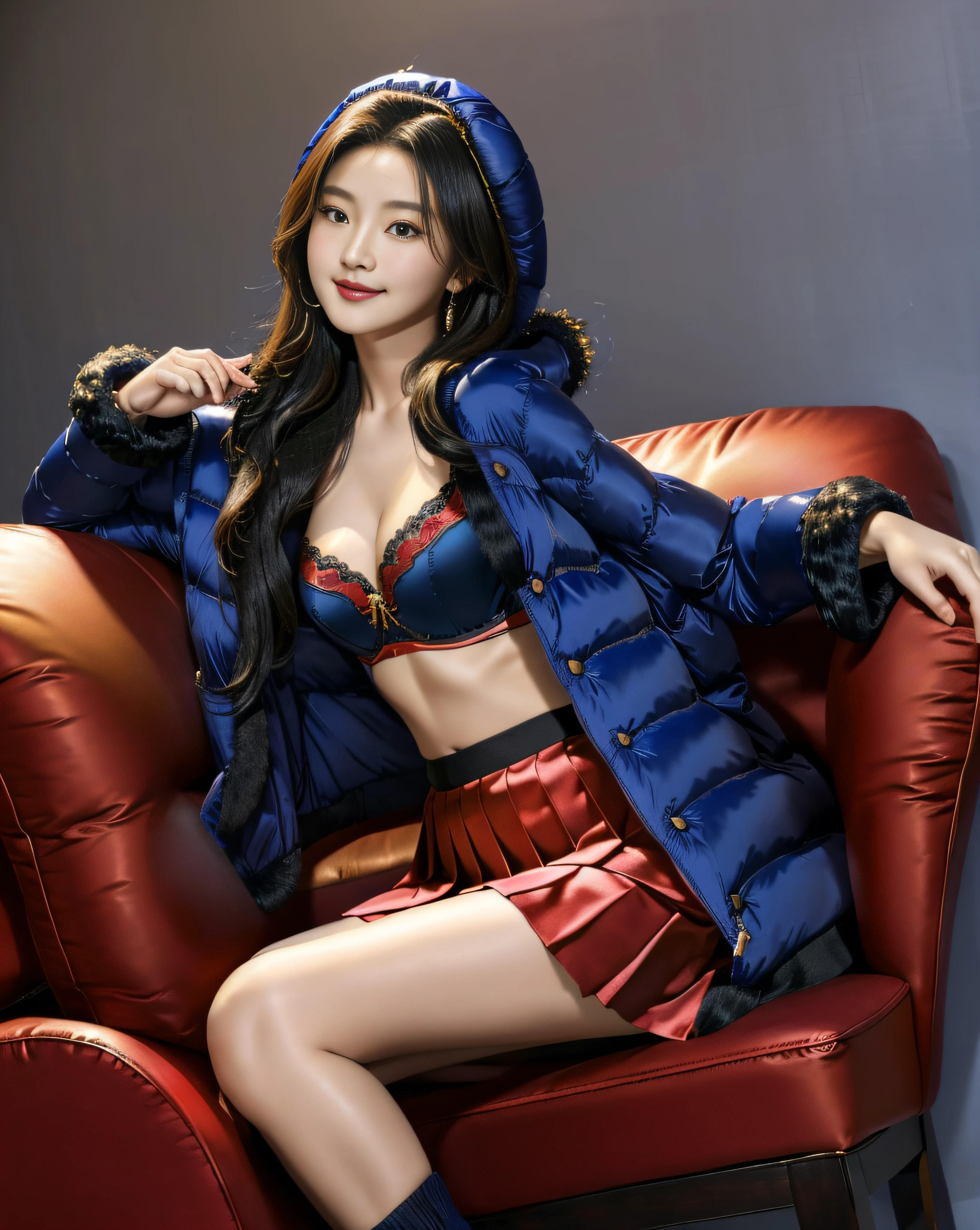 Beautiful Chinese  16 year old female, photorealistic, masterpiece, highest quality, wearing a (silk  navy blue puffer coat, pushup silk red bra, silk yellow short pleated skater skirt), cute, sexy,  sexy pose, large breasts, fur hood, wavy hair, lipstick, smiling. blushing, extremely detailed face, extremely detailed skin, cleavage