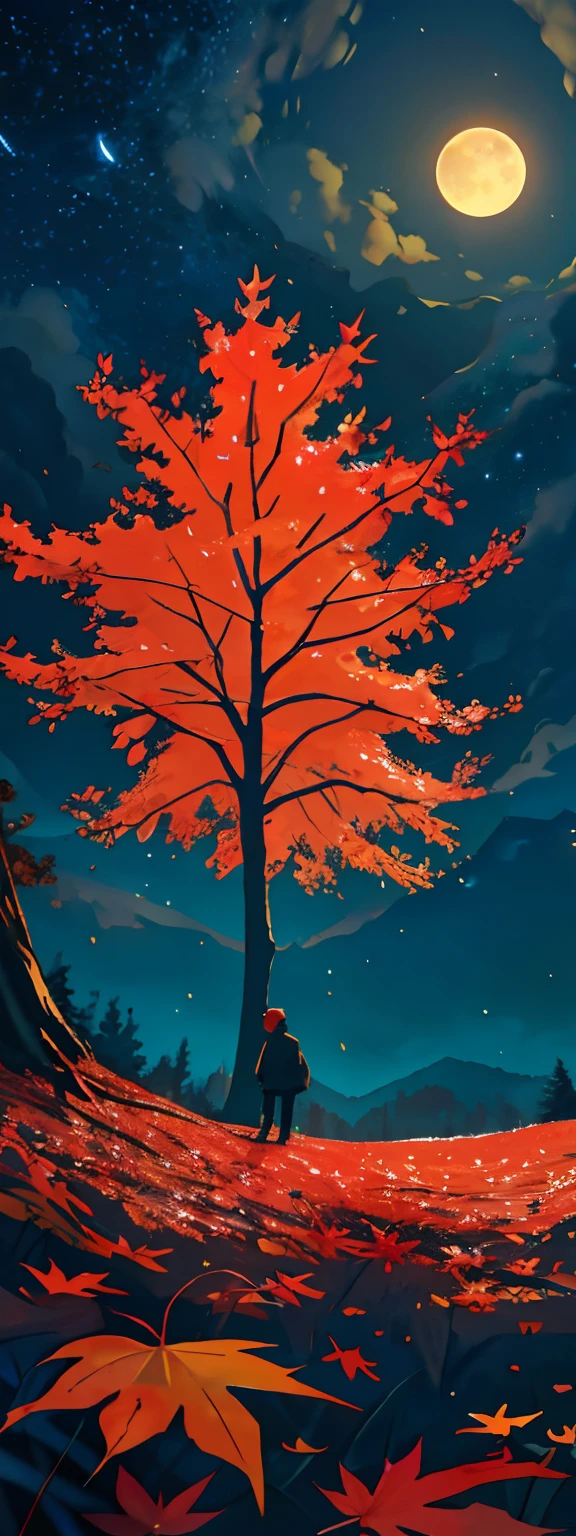 Expansive landscape photograph, (autumn), (maple tree), maple leaf, pile of leaves, (view from below with a view of the sky and wilderness below),cute little girl standing in a pile of leaves field looking up, (full moon: 1.2), (shooting star: 0.9), (nebula: 1.3), distant mountain, tree break production art, (warm light source: 1.2), (firefly: 1.2), lamp, purple and orange, intricate detail, volume lighting, realism break (masterpiece: 1.2) (Best Quality), 4K, Ultra-Detailed, (Dynamic Configuration: 1.4), Highly Detailed and Colorful Details, (Iridescent Colors: 1.2), (Glowing Lighting, Atmospheric Lighting), Dreamy, Magical, (Solo: 1.2), pastel dreamy color