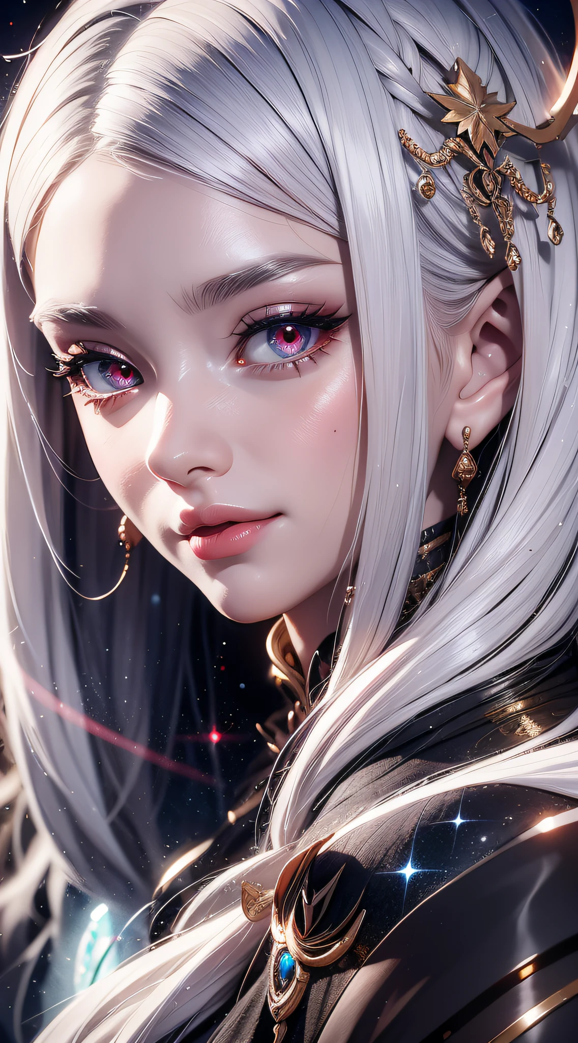 (simple hands:0.5)+(detailed hands:0.7), (masterwork), (best quality), white hair, dragon eyes,1girl, pale skin, white hair, red eyes, two tone hair, eyelashes, bracelet, jewelry, smile, gleaming skin, shiny hair, detailed and majestic stage, Fantasy, Long Hair, 1 girl, two-tone hair, night sky, Incredibly detailed CG illustration masterpiece, looking at you, anime, beautiful anime eyes, beautiful detailed eyes, eyes, glittering eyes, red eyes, galaxy, nebula, (full body), (curvy),