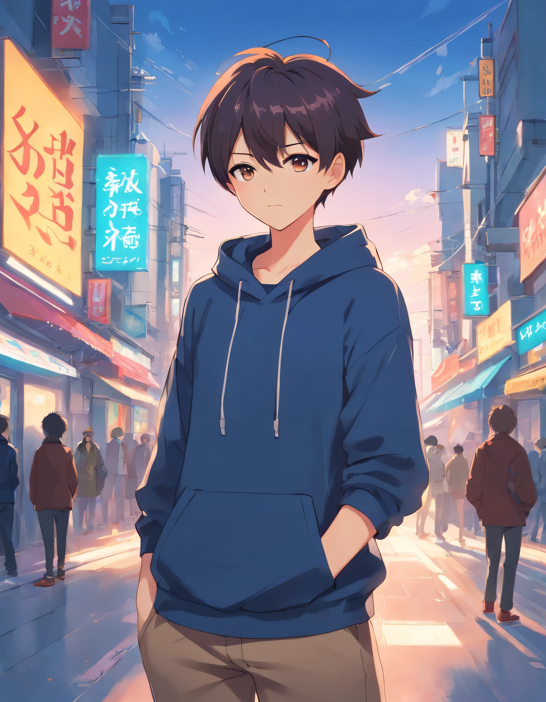 [by Artgerm and WLOP and Ilya Kuvshinov and RHADS and Loish and Rossdraws] by artist "anime", Anime Key Visual, Japanese Manga, Pixiv, Zerochan, Anime art, Fantia, young man with 20 years of short brown hair, (((full body))), black hoody, slim, Corte quiff, color eye navy, color hair navy, tow color eye , and super cute