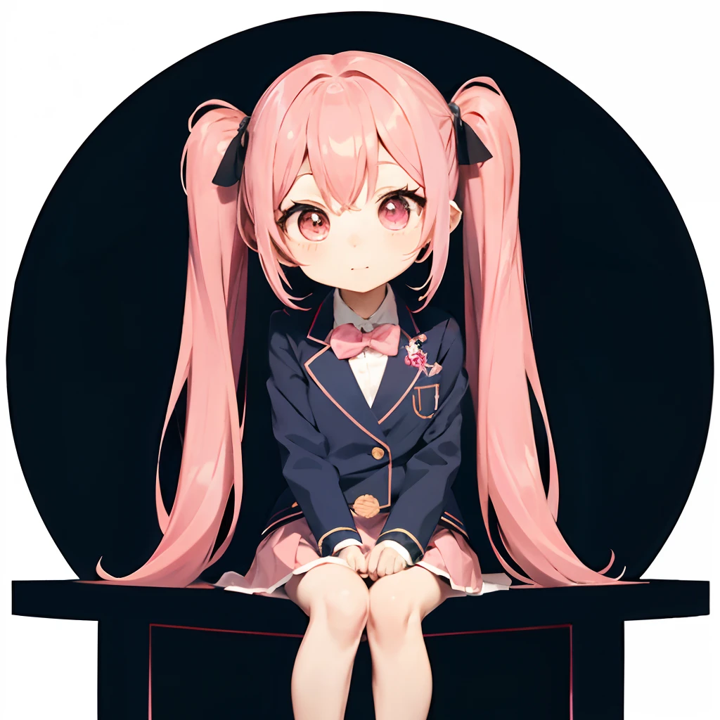 Cute chibi anime sitting on a plate, long pink hair with twin tails、Dark blue blazer、Wearing a uniform with a pink skirt, I'm surprised!、Logo is cheap