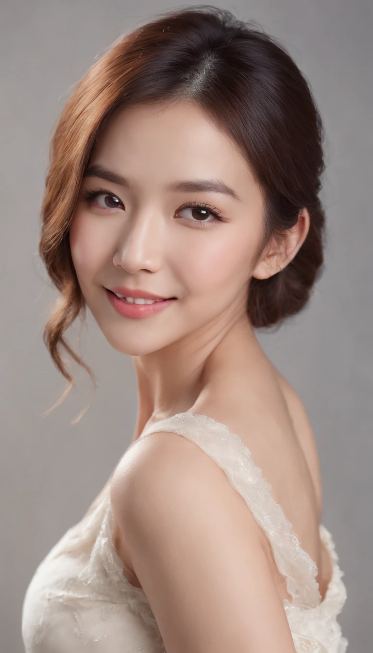 (Photo: 1.3) af (Realistic: 1.3), Asian female, Soft light, Clear face, cheerfulness, cheerful big breasts, Smiling, Warm light, ((Off-white gradient background)), (Background)). ((Gray wall background)) , (long or short hair), Smile, Handsome, Middle-aged woman,, Short hair, Smile,(Medium close-up)Skirt that wraps hips
