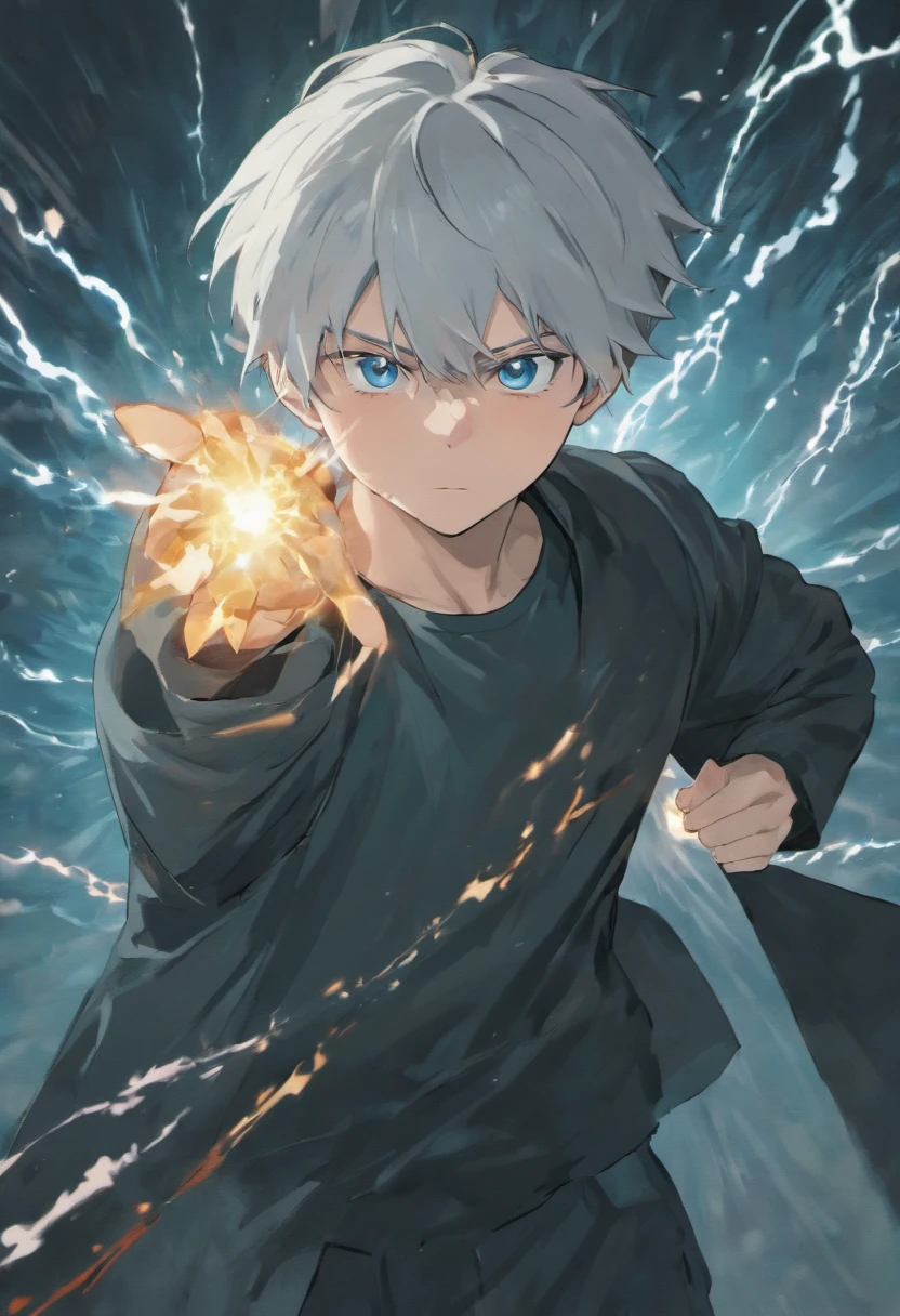 1boy young, male focus, injury, 
dragon ball dash and jujutsu kaisen, facing, electricity,, masterpiece, best quality, very aesthetic, absurdres