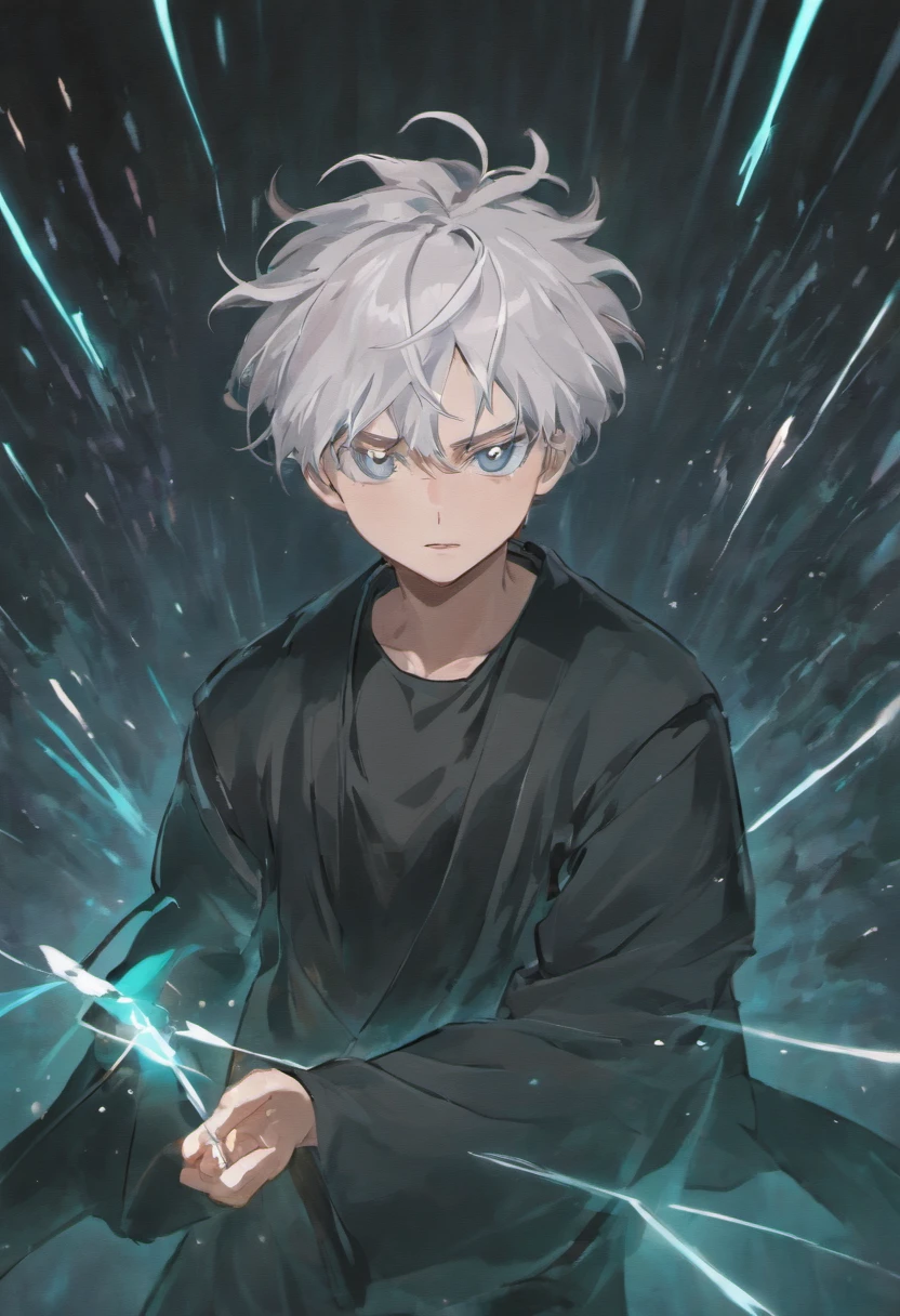 gojo satoru, jujutsu kaisen, anime, in the mountain, amazing, focused, ray tracing, blue eyes, white hair, black shirt, in the battlefield, powerfull magic aura.