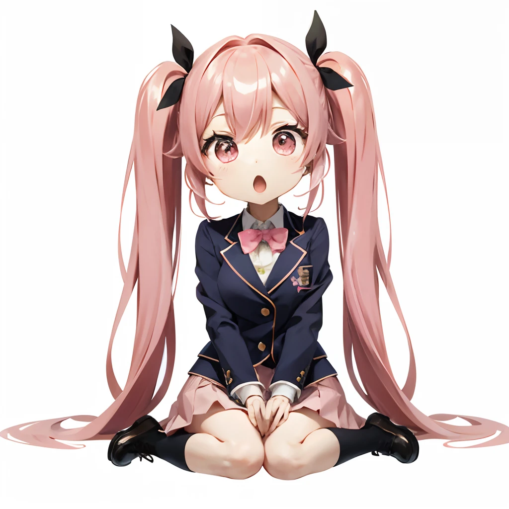 Cute chibi anime sitting on flowers, long pink hair with twin tails、Dark blue blazer、Wearing a uniform with a pink skirt, I'm surprised、Surprised、Surprised face、Logo is cheap