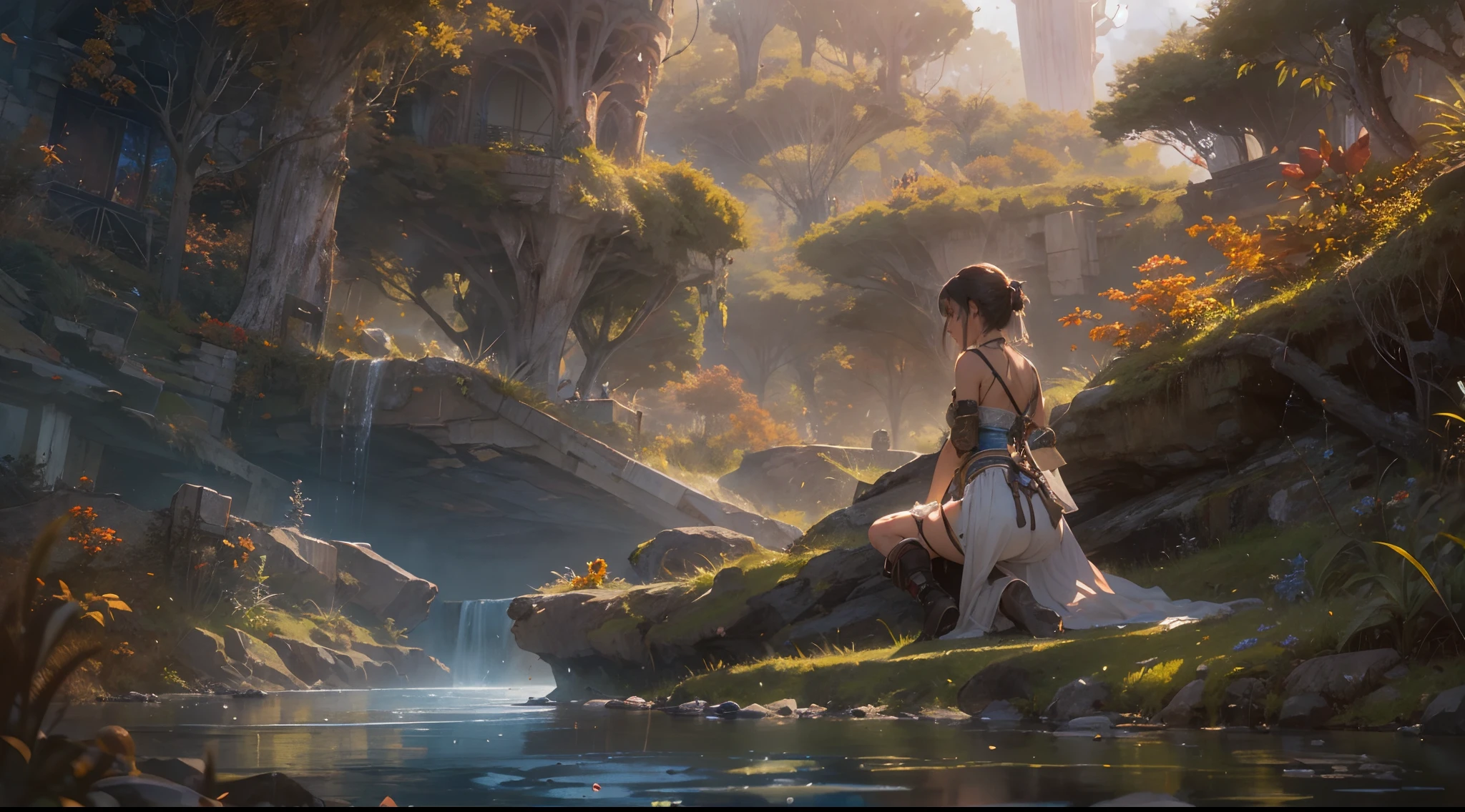 "(by Greg Rutkowski: 1.2), (masterpiece), ((best quality)), extremely delicate and beautiful, illustration, (fantasy landscape), A mesmerizing fantasy landscape with enchanting elements blending seamlessly. ((Macalania woods from final fantasy X)), A sense of tranquility and wonder fills the air, inviting exploration and discovery. Providing a distant view that captures the grandeur and atmosphere. From Brian Froud and Carne Griffiths and Wadim Kashin and John William Waterhouse, 8K post-production, high resolution, hyperdetailed, depth of field, HDR, intricate"