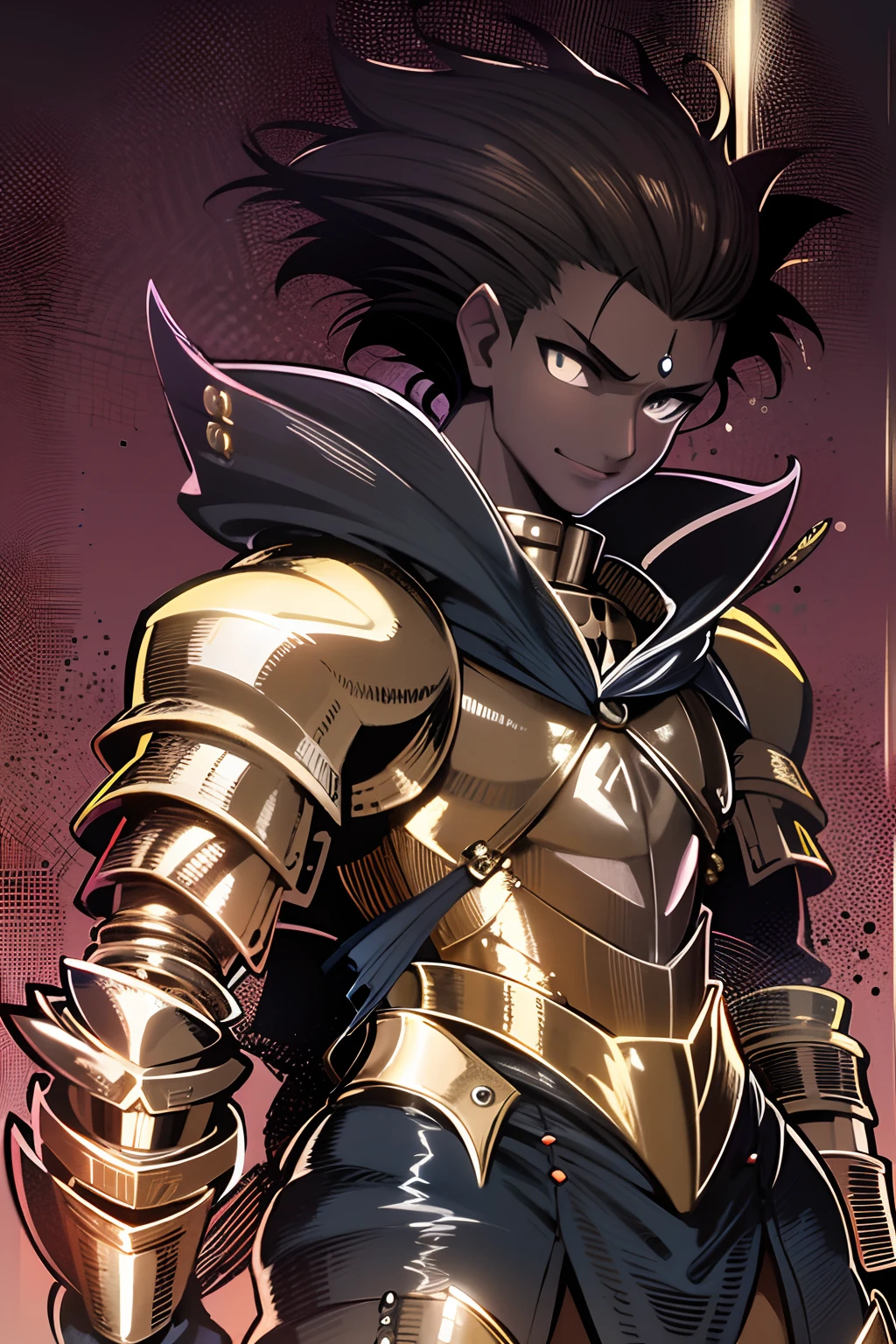 Homem, pele negra, olhos brancos, cabelos negros, Paladino dourado, Armadura Dourada Angelical, armadura de ouro claro, Fate Stay Night, armadura dourada, sorriso arrogante, cabelos espetados estilo gilgamesh