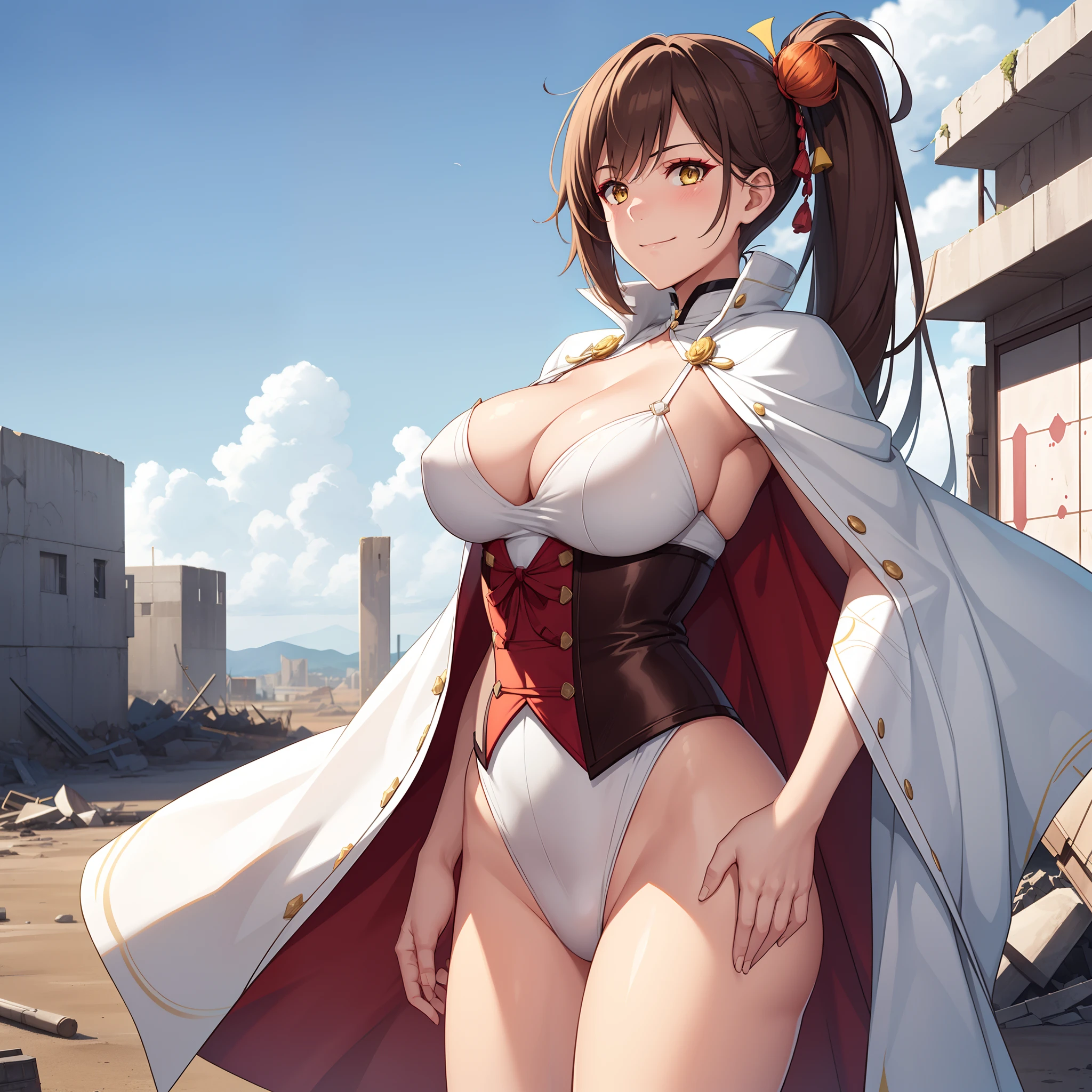 1girl,Zuikaku,gigantic breasts,superhero pose,standing in ruined city,(8k),scratches,detailed face,brown hair,yellow eyes,very long hair,embarassed,small smile face, side ponytail,orange eyeshadow,hair ornament, high_res, high_definition,the battlefield,white corset,white cape,(Emma frost Custom 1:1),