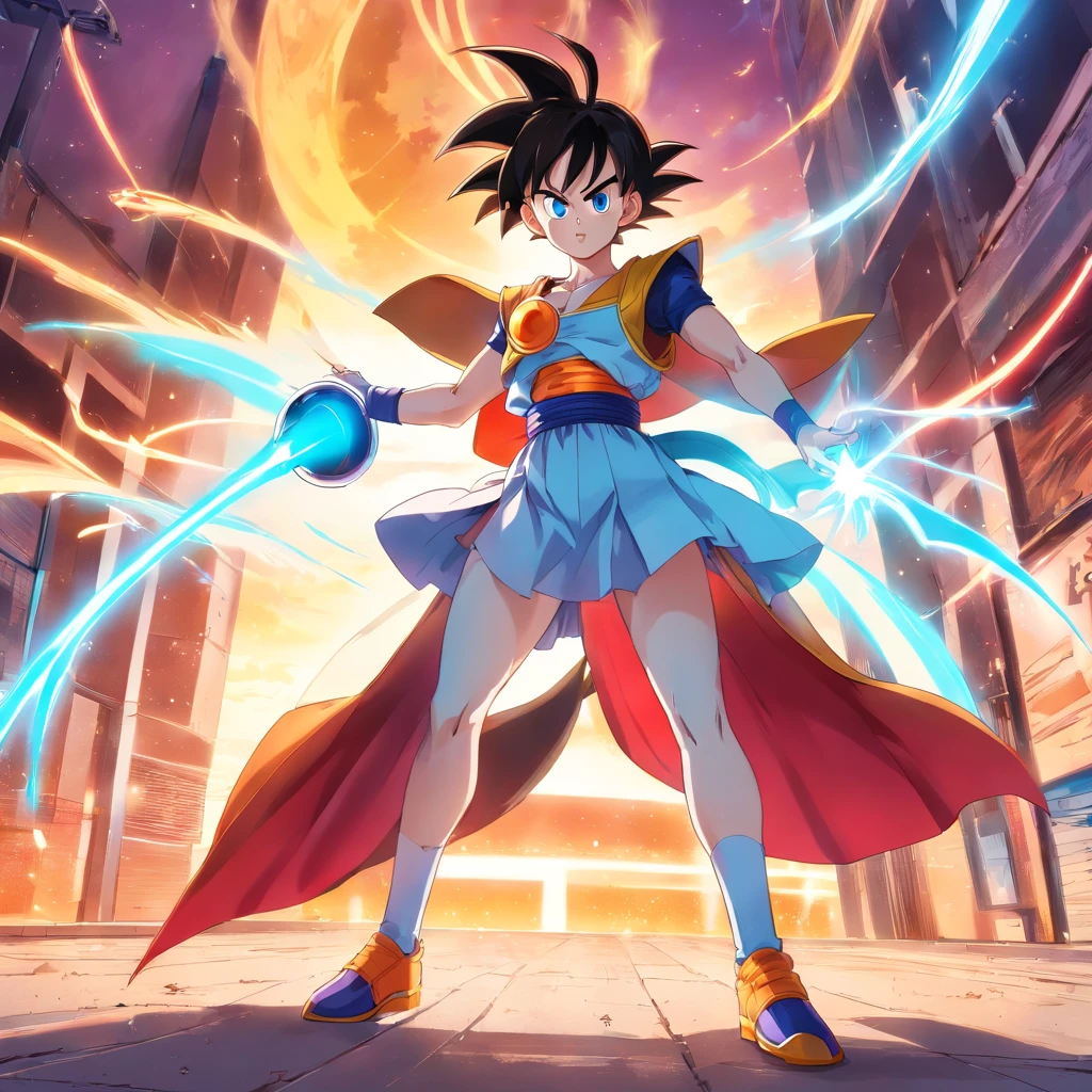 Dragon Ball Z, Light Blue Skin, unicorn horn, fighting gi clothes with white color, red cape in the back, Strong Purple Lipstick, Yellow eyeballs, red colored eyes, black shoes, red tinted long nails, sharp teeth, long pointed ears, feito por akira toriyama