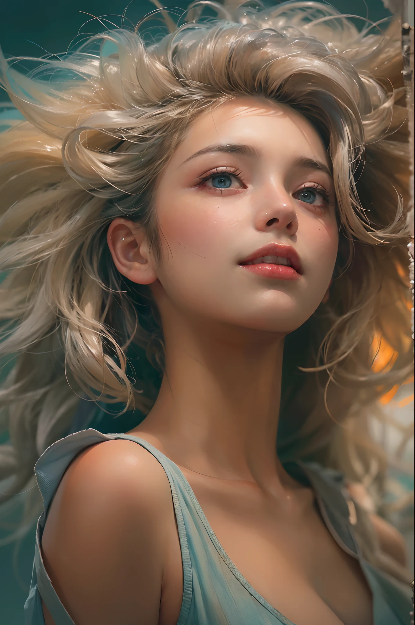 (ultra realisic), (Illustration), (Resolution Enhancement), (8K), (Extremely detailed), (Best Illustration), (beautiful-detailed eyes), (Best Quality), (The ultra-detailliert), (Masterpiece ), ( wall paper), (Detailed face),a blond, Wavy hair,(hi-top fade:1.3), (Smiling broadly, bright look), dark theme, soothing tones, muted colors, High contrast, (Natural skin texture, hyperrealism, Soft light, edgy),exposure blend, medium shot, Bokeh, (HDR:1.4), High contrast, (films, teal and orange:0.85), (muted colors, faded colors, soothing tones:1.3), Low saturation, (hyperdetailed:1.2),(Big breasts :1.2)