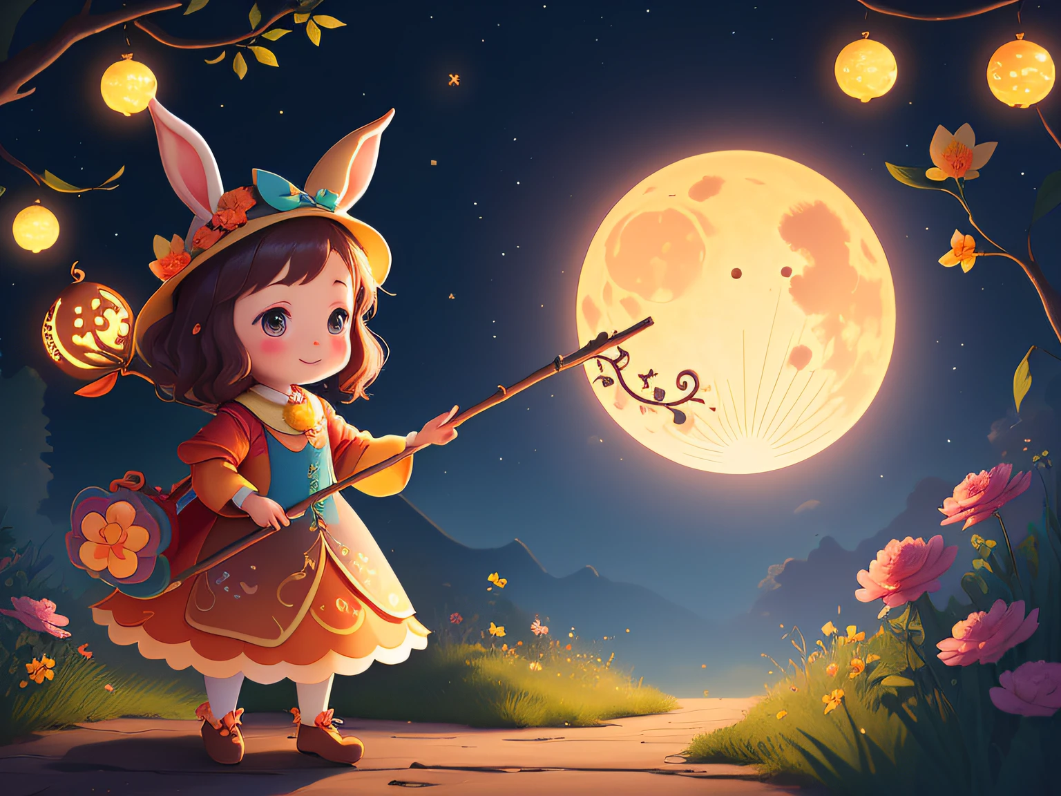mid-autumn festival,Bright moon,A beautiful fairy slowly descended from the moon,Her dress sparkled,She held a magical staff in her hand。The little rabbit looked up at the fairy,Be amazed!