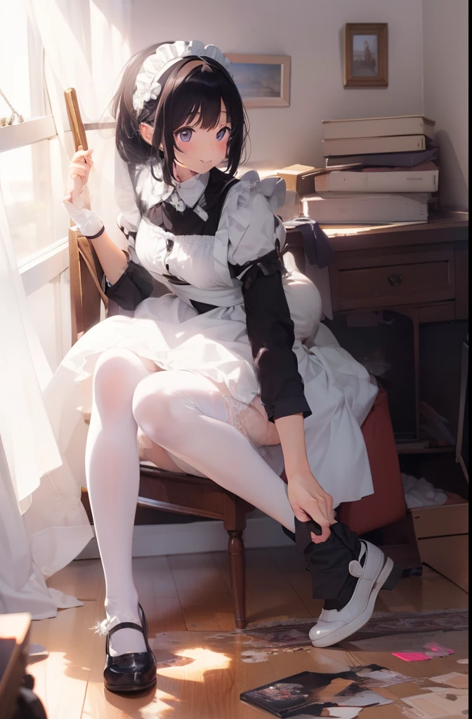 ultra-quality, ultla highres, Hyper Detailed, High contrast, superfine illustration, creative refinement, maid, ssmile, White stockings