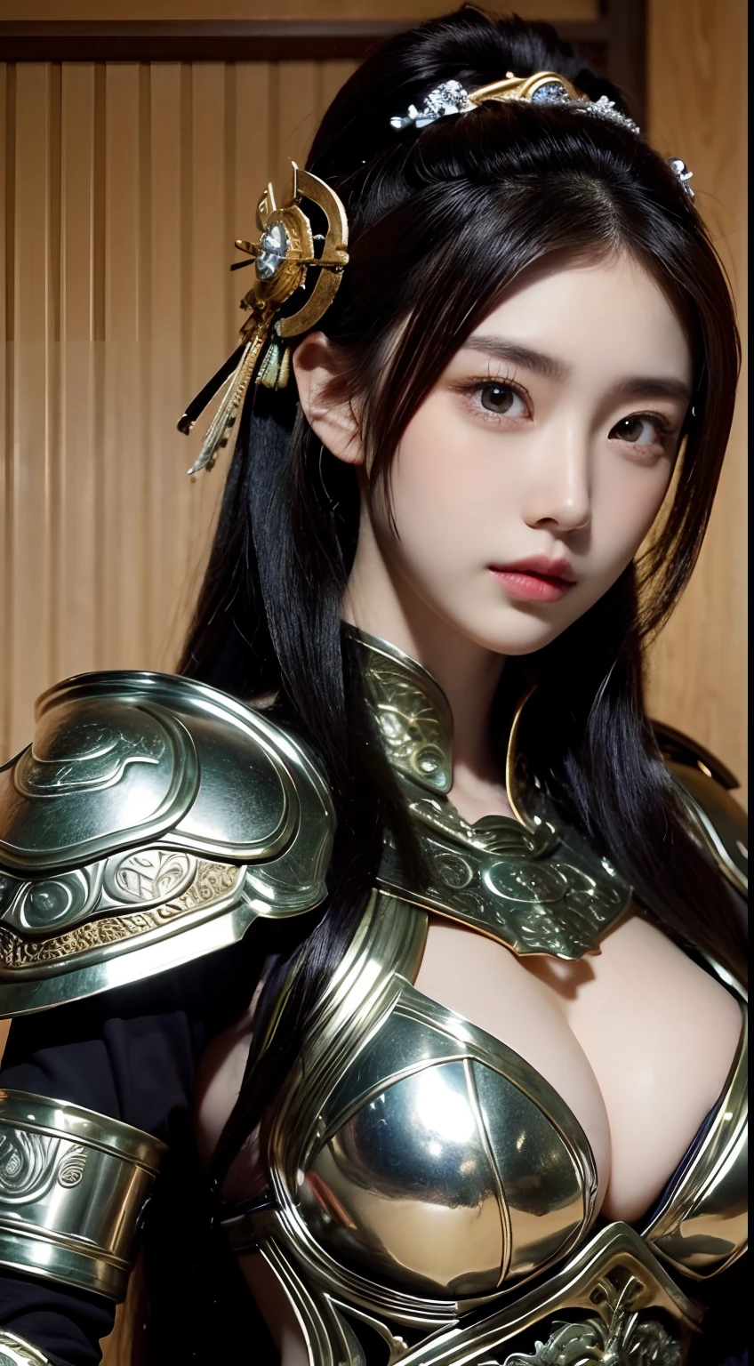 a female goddess with full armor, ancient Japan theme, tempting look, cleavage, full armor, kimono ((MILF)), (((masterpiece))), ((best quality)), ((intricate detailed)), ((Hyperrealistic)), a goddess with perfect body figure wearing armor, pale skin, (large breast), highly detailed, illustration, 1 man, perfect hands, detailed fingers, beautiful detailed eyes, black hair, ponytail hair, (fantasy:1.2), armor, detailed background, ancient japan castle, tempting look, looking at the viewer, from the front,