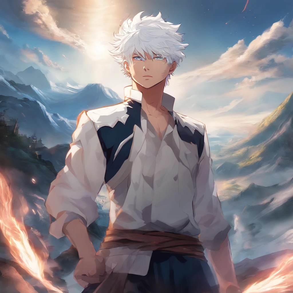 gojo satoru, jujutsu kaisen, anime, in the mountain, amazing, focused, ray tracing, blue eyes, white hair, black shirt, in the battlefield, powerfull magic aura.