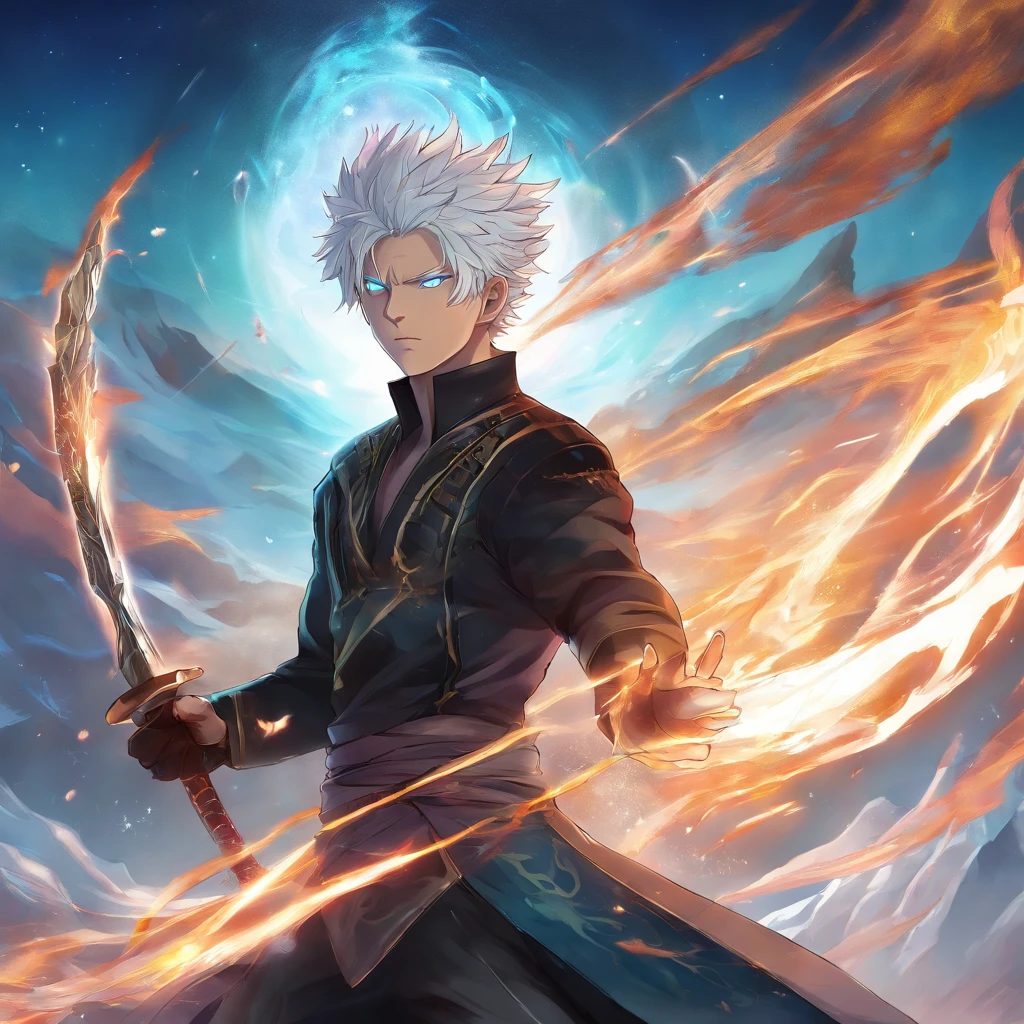 gojo satoru, jujutsu kaisen, anime, in the mountain, amazing, focused, ray tracing, blue eyes, white hair, black shirt, in the battlefield, powerfull magic aura.