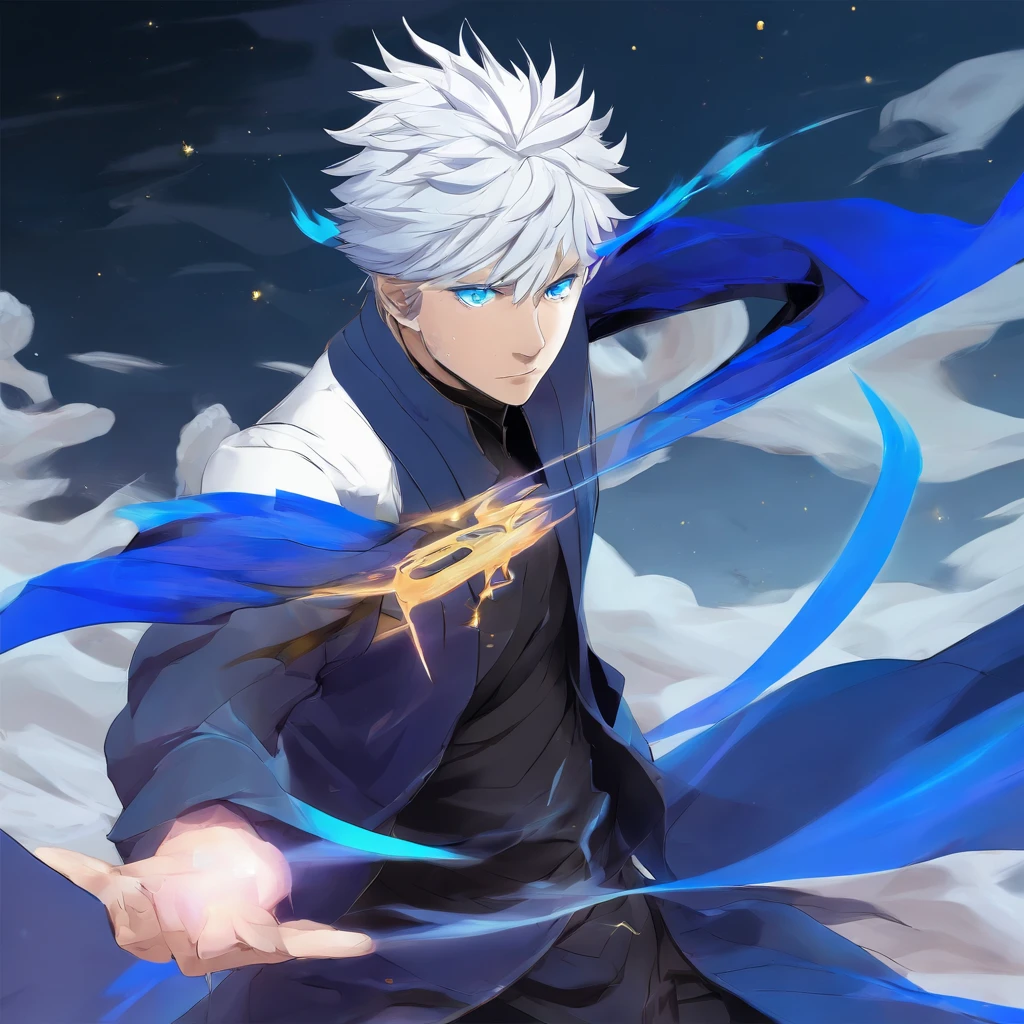 gojo satoru, jujutsu kaisen, anime, in the mountain, amazing, focused, ray tracing, blue eyes, white hair, black shirt, in the battlefield, powerfull magic aura.