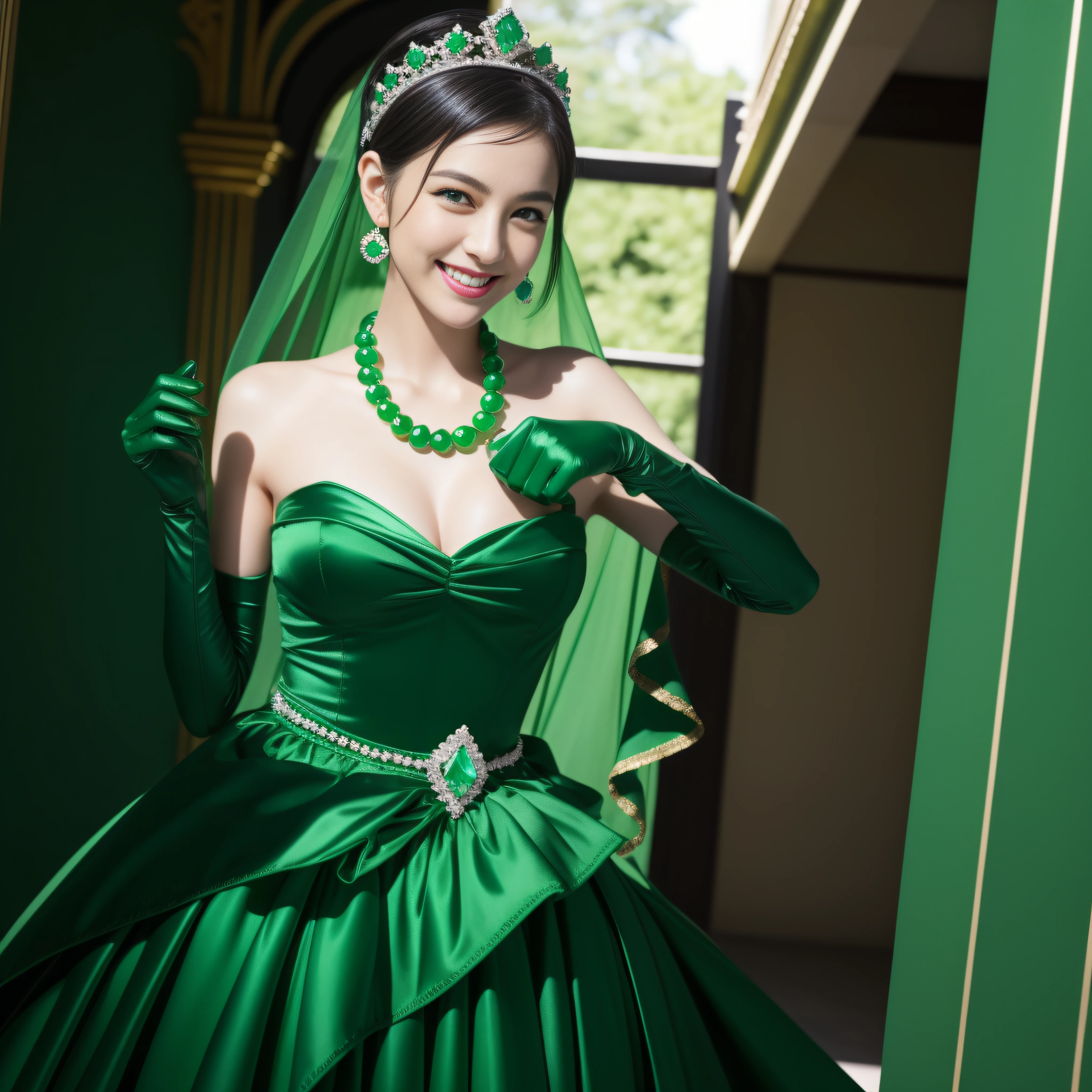 emerald tiara, Green Pearl Necklace, Boyish very short black hair, lipsticks, Japan woman smiling, very short short hair, big breasts beautiful, Green eyes, Long green gloves made of satin material, Green eyes, Emerald Earrings