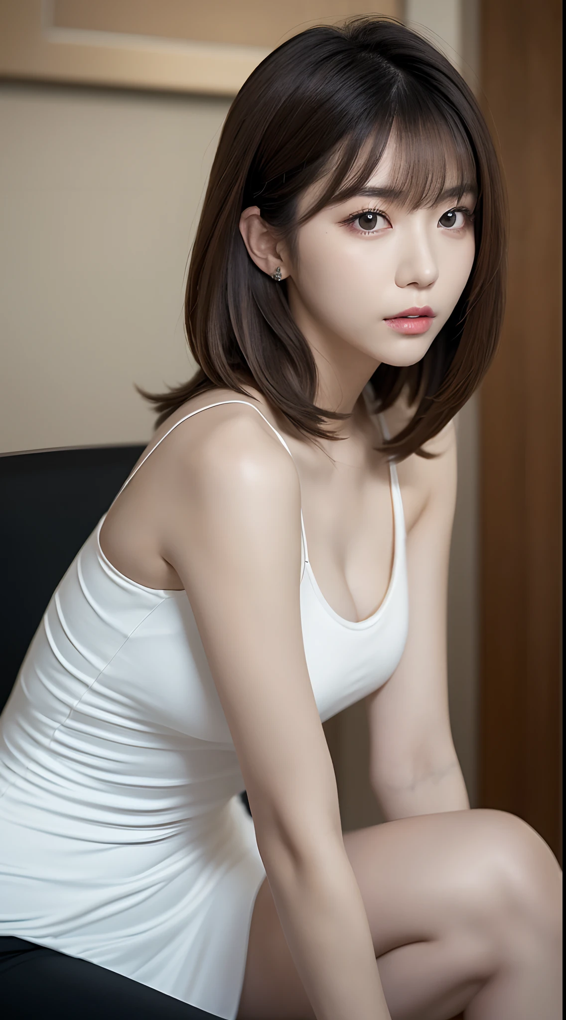(Best Quality, 8K, masutepiece, Ultra HD: 1.3), 1girl in, smallunderboob, light brown hair, Blunt bangs, hair behind ear, hair over shoulder, Short hair, slender body shape, Ultra Fine Face, Delicate lips, Beautiful eyes, Double eyelids, lipsticks,A gaze that invites you, Ultra-thin hands, Ultra-fine fingers, Tight Dress, beauty legs ,pumps.s Office、KPOP Idol Face,The viewer is the viewer's gaze,The correct state of the human body,Ginza, Tokyo