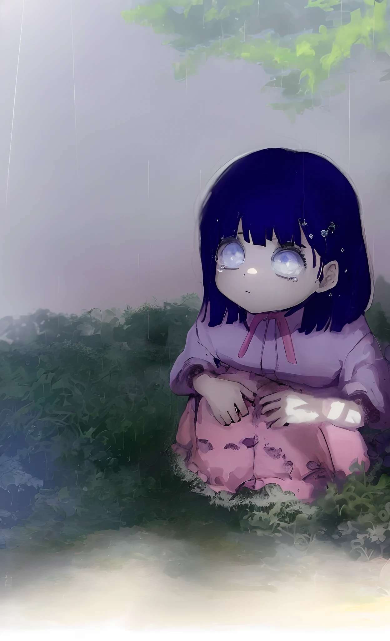 Art quality 8k Anime girl sitting on grass under a tree in the rain, visual anime de uma menina bonito, Art not Guweiz style, Depois da chuva e sem meninas, with a sad expression, the anime girl is crouching, Yume Nikki, chovendo!!, em estilo anime, Tears on Rain, dreamy psychedelic anime, kawaii chuvoso sombrio, Garota anime com cabelos azuis e olhos branco, menina com cabelo azuis, olhos gelados, menina do cabelo pretos-azulados, Manga art style, Nice anime art style, Retrato estilo anime, Shikami, retrato bonito do anime, retrato detalhado da menina do anime, arte anime de alta qualidade, Estilo Pixiv, Estilo de arte de anime, visual anime de uma menina bonito, menina de olhos brancos