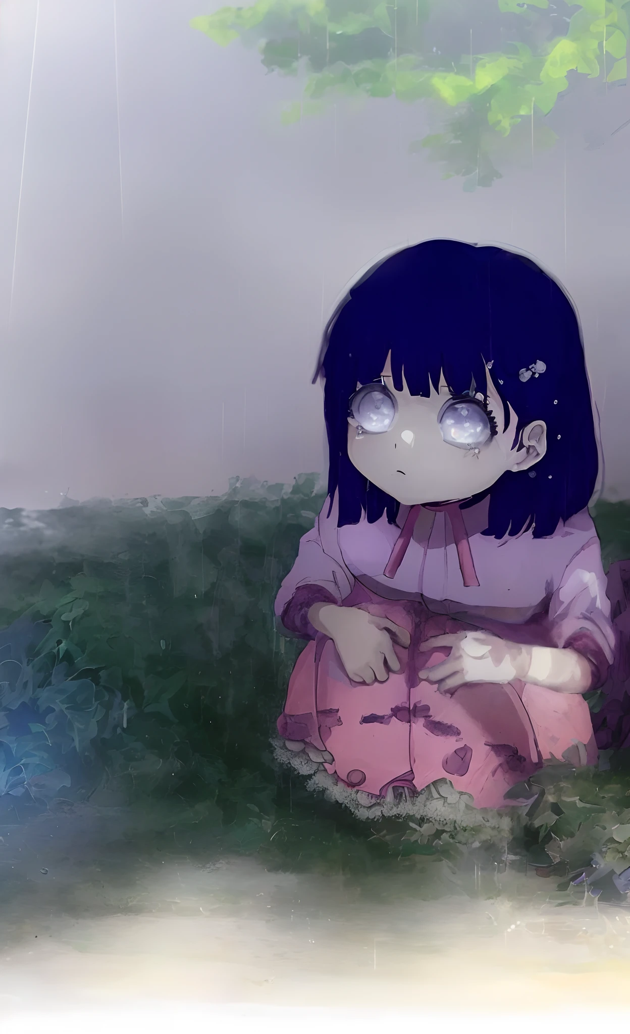 Art quality 8k Anime girl sitting on grass under a tree in the rain, visual anime de uma menina bonito, Art not Guweiz style, Depois da chuva e sem meninas, with a sad expression, the anime girl is crouching, Yume Nikki, chovendo!!, em estilo anime, Tears on Rain, dreamy psychedelic anime, kawaii chuvoso sombrio, Garota anime com cabelos azuis e olhos branco, menina com cabelo azuis, olhos gelados, menina do cabelo pretos-azulados, Manga art style, Nice anime art style, Retrato estilo anime, Shikami, retrato bonito do anime, retrato detalhado da menina do anime, arte anime de alta qualidade, Estilo Pixiv, Estilo de arte de anime, visual anime de uma menina bonito, menina de olhos brancos