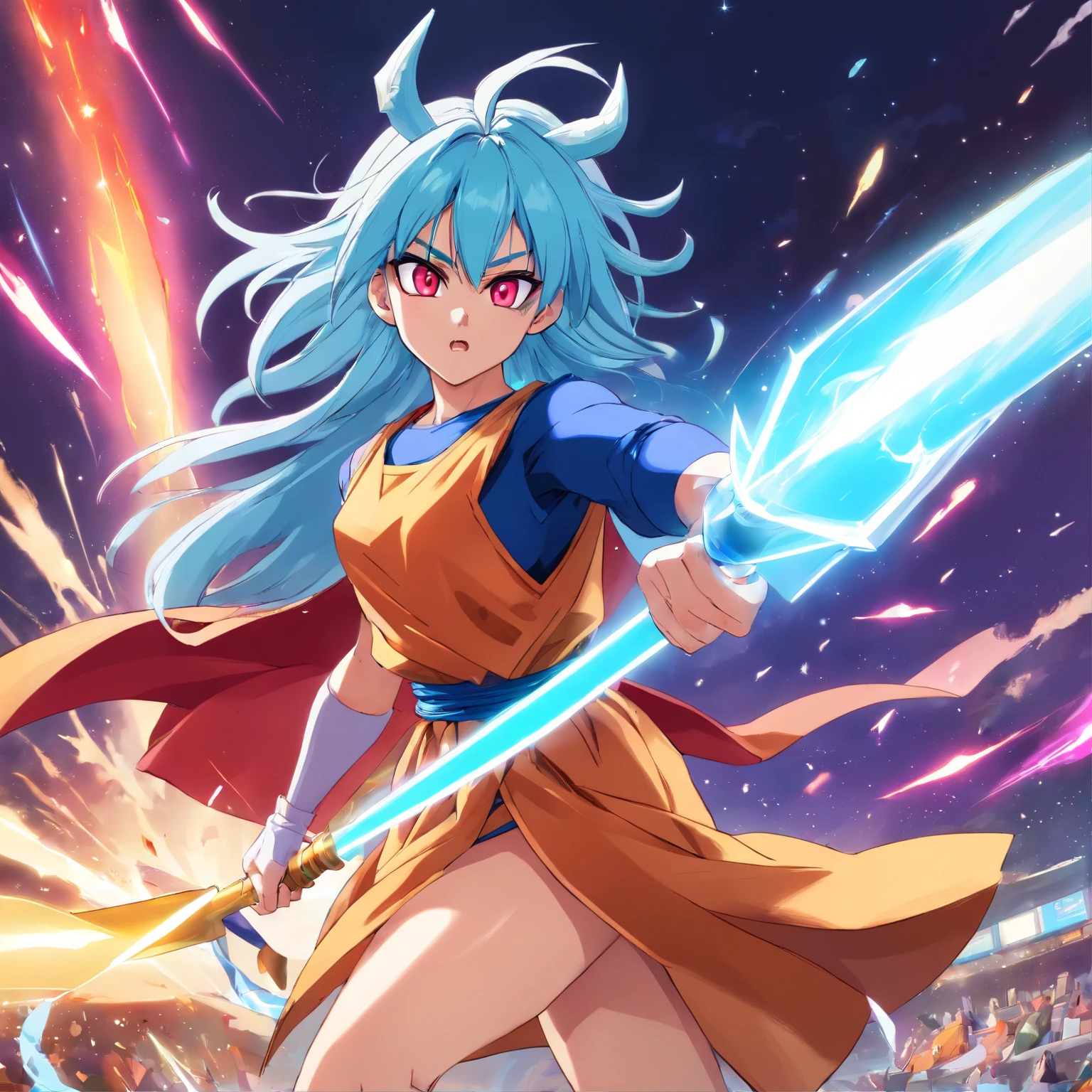 Dragon Ball Z, Light Blue Skin, unicorn horn, fighting gi clothes with white color, red cape in the back, Strong Purple Lipstick, Yellow eyeballs, red colored eyes, black shoes, red tinted long nails, sharp teeth, long pointed ears, feito por akira toriyama