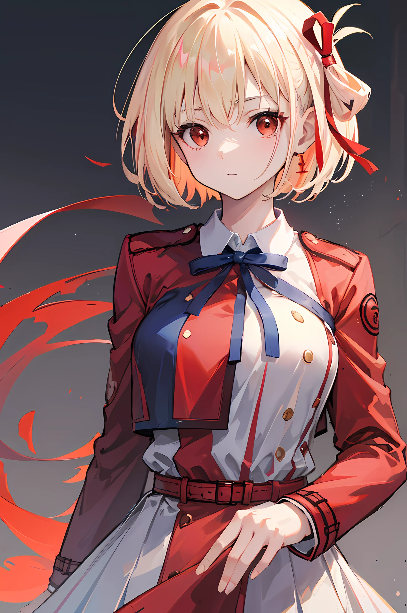(best quality:1.1), (masterpiece:1.2), 1girl, high quality shadow, ((beautiful detailed)), (high detailed skin, skin details), (wide landscape, 8k), beautiful face, (detailed eyes), depth of field, dramatic light, best quality, highres, ((best shadow)), nishikigi chisato, short hair, bangs, blonde hair, (red eyes:1.5), hair ribbon, one side up, bob cut, shirt, long sleeves, dress, ribbon, white shirt, collared shirt, belt, neck ribbon, red dress, blue ribbon, pleated dress, grey dress, two-tone dress, red belt, lycoris uniform,
