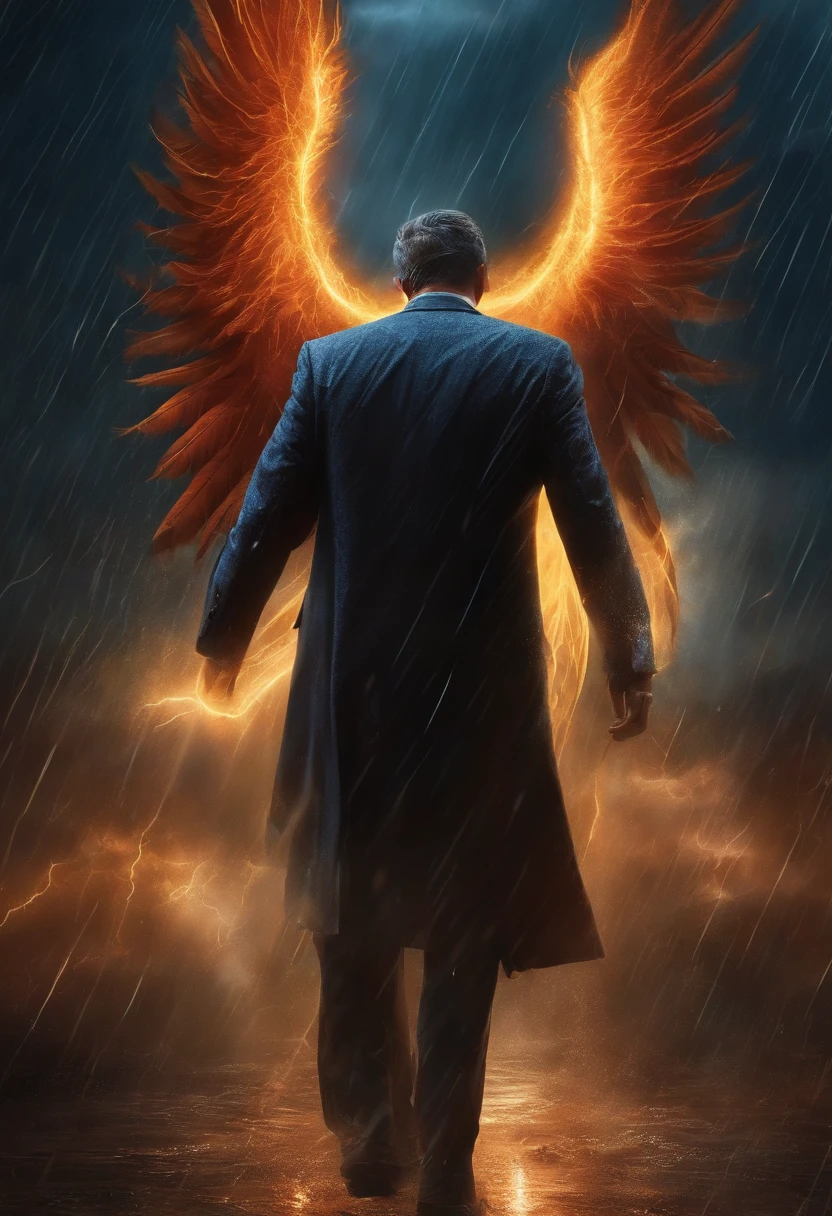 "phoenix, Heavy rain accompanied by lightning and thunder, Penetrating light emitted from your eyes, An expression full of hatred"