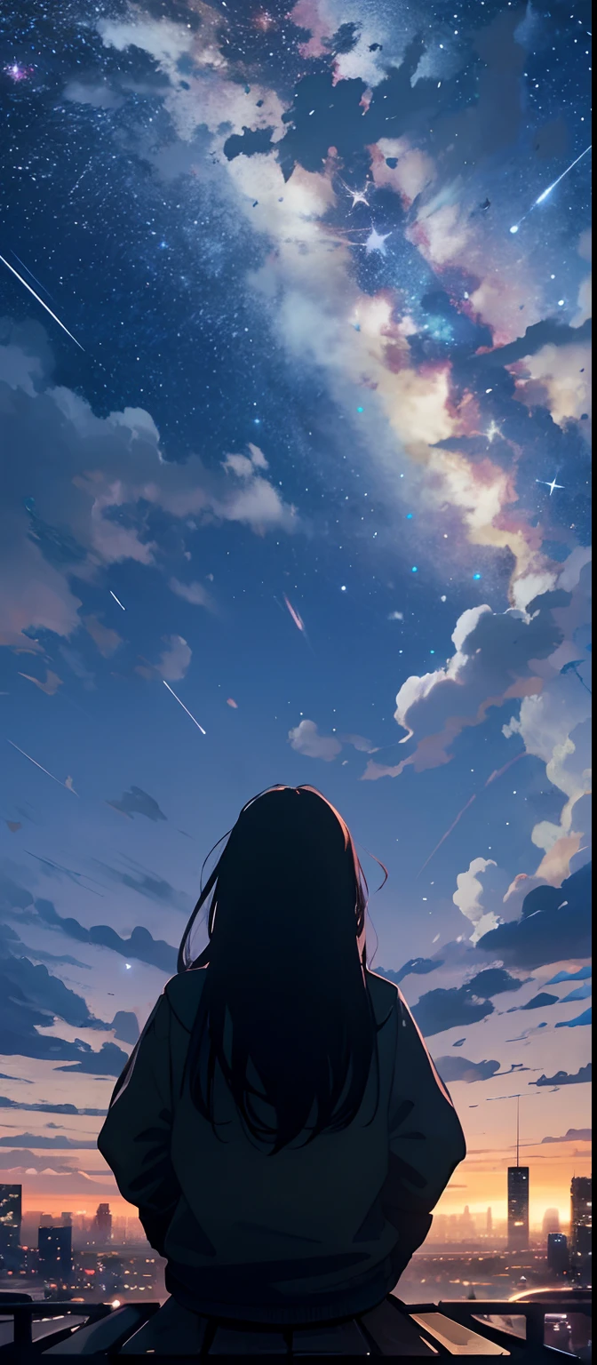 octans, sky, star (sky), scenery, starry sky, night, 1girl, night sky, solo, outdoors, building, cloud, milky way, sitting, tree, long hair, city, silhouette, cityscape --auto --s2