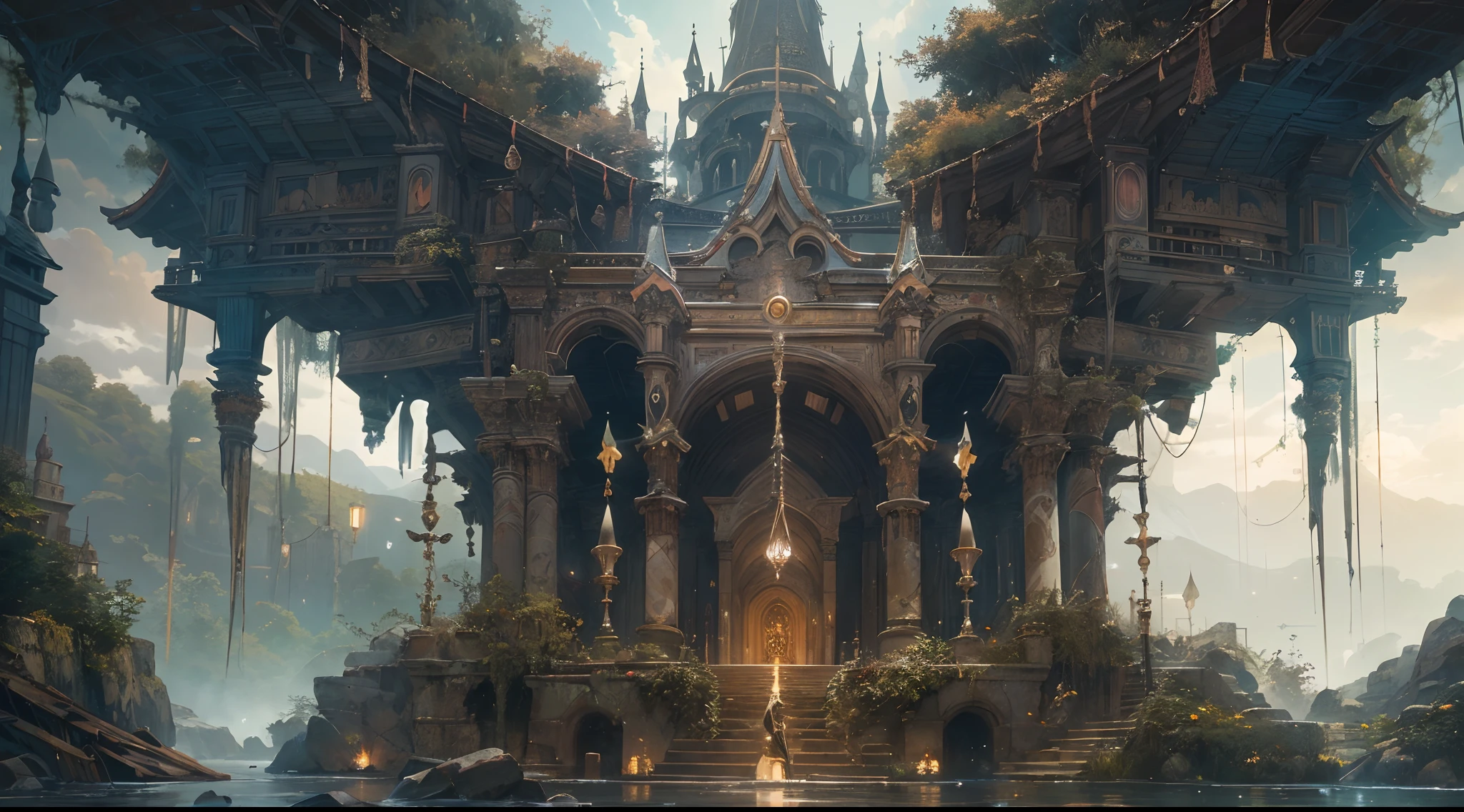 "(by Greg Rutkowski: 1.2), (masterpiece), ((best quality)), extremely delicate and beautiful, illustration, (fantasy landscape), A mesmerizing fantasy landscape with enchanting elements blending seamlessly. ((Bevelle temple from final fantasy X)), A sense of tranquility and wonder fills the air, inviting exploration and discovery. Providing a distant view that captures the grandeur and atmosphere. From Brian Froud and Carne Griffiths and Wadim Kashin and John William Waterhouse, 8K post-production, high resolution, hyperdetailed, depth of field, HDR, intricate"