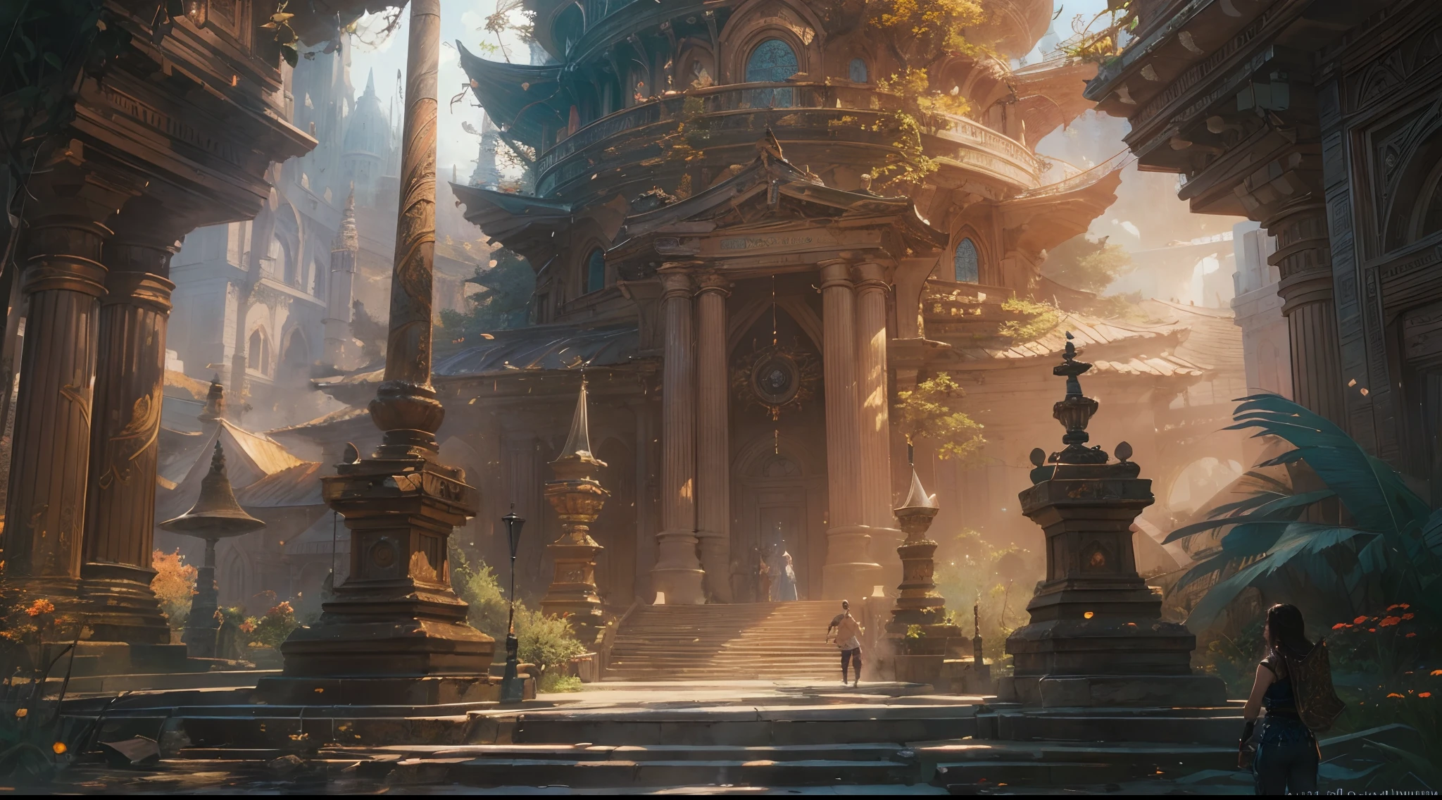 "(by Greg Rutkowski: 1.2), (masterpiece), ((best quality)), extremely delicate and beautiful, illustration, (fantasy landscape), A mesmerizing fantasy landscape with enchanting elements blending seamlessly. ((Bevelle temple from final fantasy X)), A sense of tranquility and wonder fills the air, inviting exploration and discovery. Providing a distant view that captures the grandeur and atmosphere. From Brian Froud and Carne Griffiths and Wadim Kashin and John William Waterhouse, 8K post-production, high resolution, hyperdetailed, depth of field, HDR, intricate"