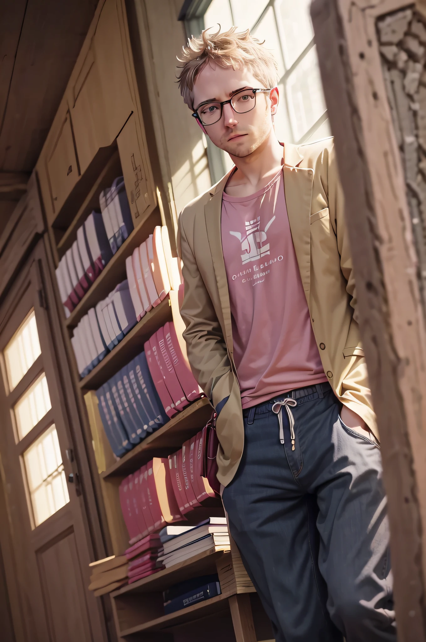 Prompt 5:
NathanLeserman, in a bustling Swiss school library, searches for a specific book on Swiss history. The library, with its high ceilings and wooden bookshelves, is a treasure trove of knowledge. Nathan's summer ensemble, a striped tee and khaki shorts, contrasts with the library's formal atmosphere. As he finds the book, a pink glow effect surrounds it, indicating its importance. Students study at nearby tables, their concentration evident. The muffled sound of pages turning and whispers creates a calm ambiance. Outside the large windows, the city of Zurich goes about its day, with trams passing by and people walking on the streets. As Nathan begins to read, he's transported to a different time, immersing himself in Switzerland's rich past.