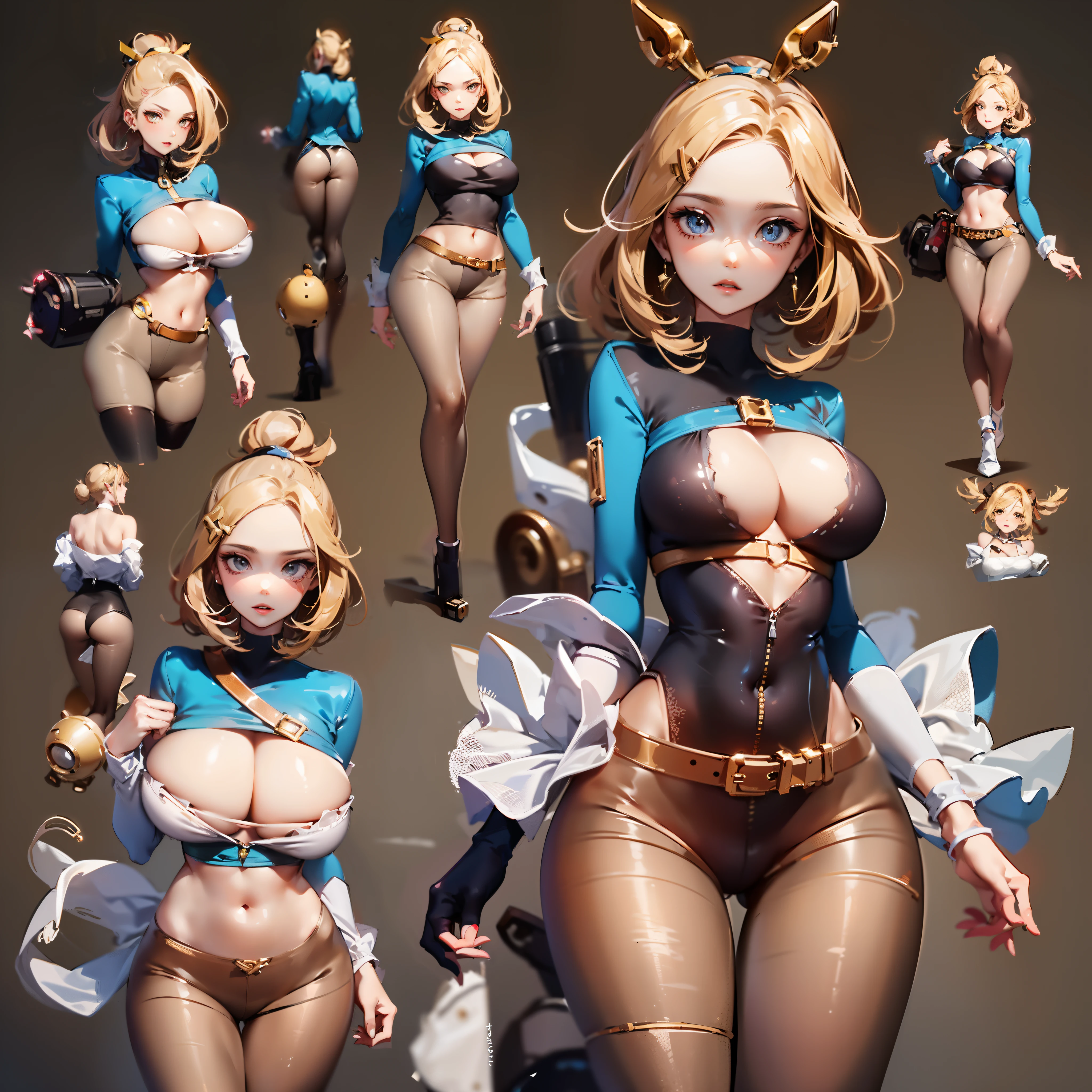 One-piece tights,Conjoinment,Blue latex set,Standing on the ground,huge tit,Slim,long leges,Stand up straight,nothing background,Slim,extra long leg,Exhibited,Mannequin,standing on one leg,Black leather dog collar,,((concept art of character)),Tall figure,((CharacterDesignSheet、Same role、frontage、Lateral face、on back)),Character art for Maple Story,video game characters designs,video game characters designs,maple story gun girl,Girl with cute cartoon bunny hairpins on her head,Yellow glowing decoration on girls' clothes,expert high detail concept art,metal slug concept art,interesting character design,lucio as a woman,gravity rush inspired,Viscous tar。concept-art,Belt buckle,steampunk weapon