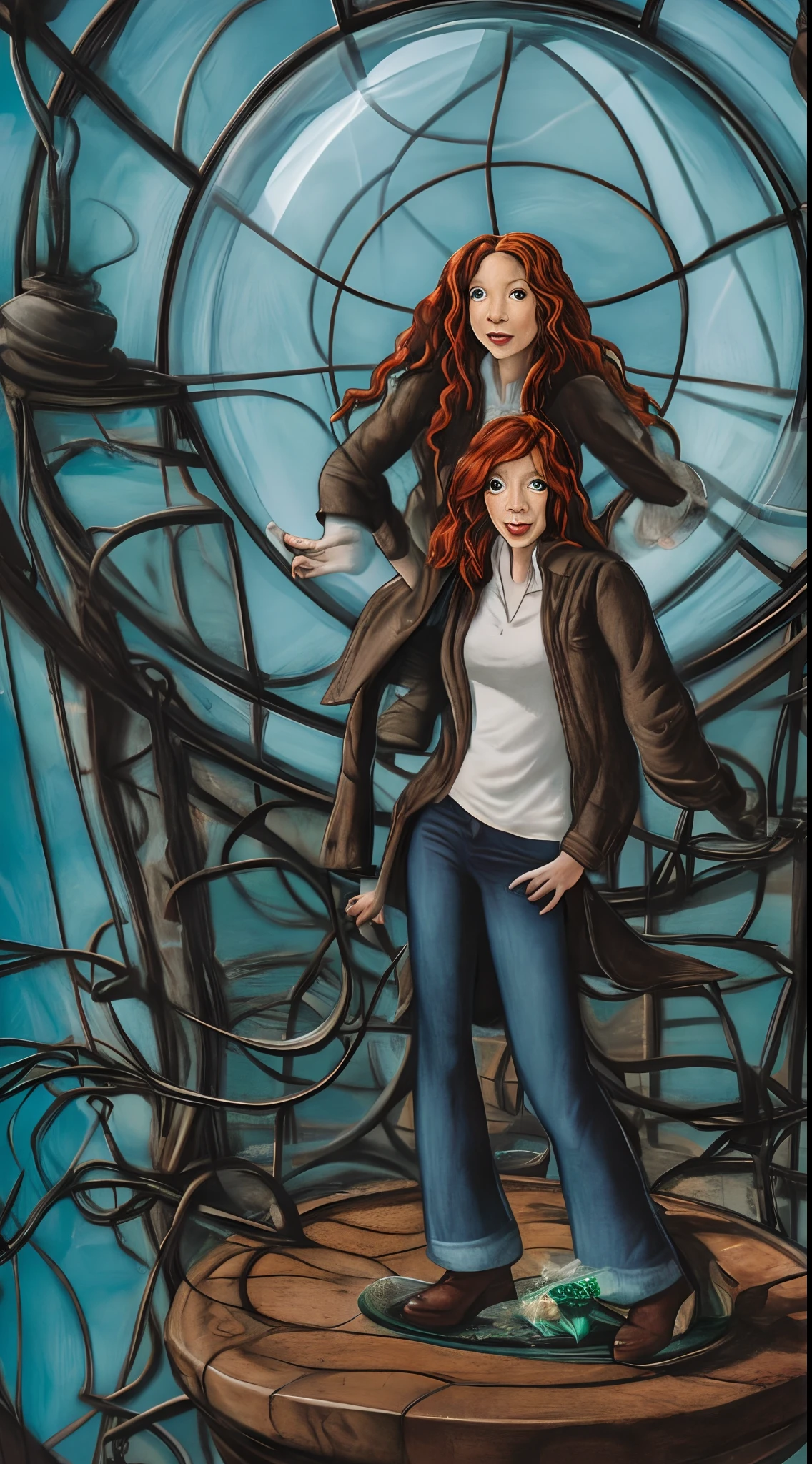Gina Weasley de camisa verde, jaqueta preta, Denim Jeans Pants, brown and levitated shoes lying on a glass dome