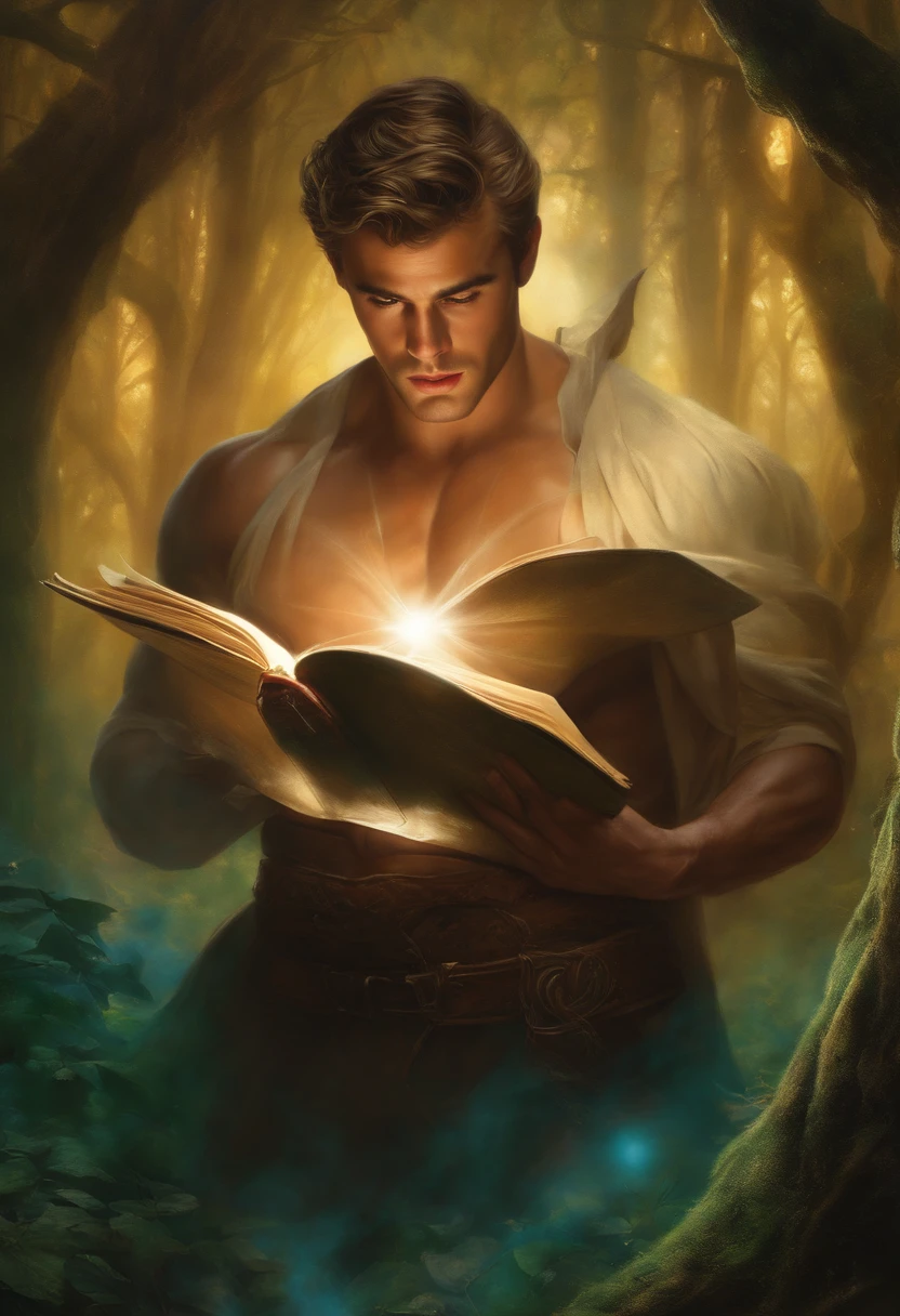 a painting of a man, James Dean Style ((sexy men)) , ((muscular body,strong,shapely and muscular legs)), ((large and strong breasts)), ((sorcerer)), ((magician))with an open book and lights coming out of the book, holding a staff, (((full body shot)), full body man, ((in the background Celtic magical forest with thunder)), Frank Kelly Freas, Karol Bak style, best quality,32k ultra quality, parade paper quality, movie picture, Classic 8K
