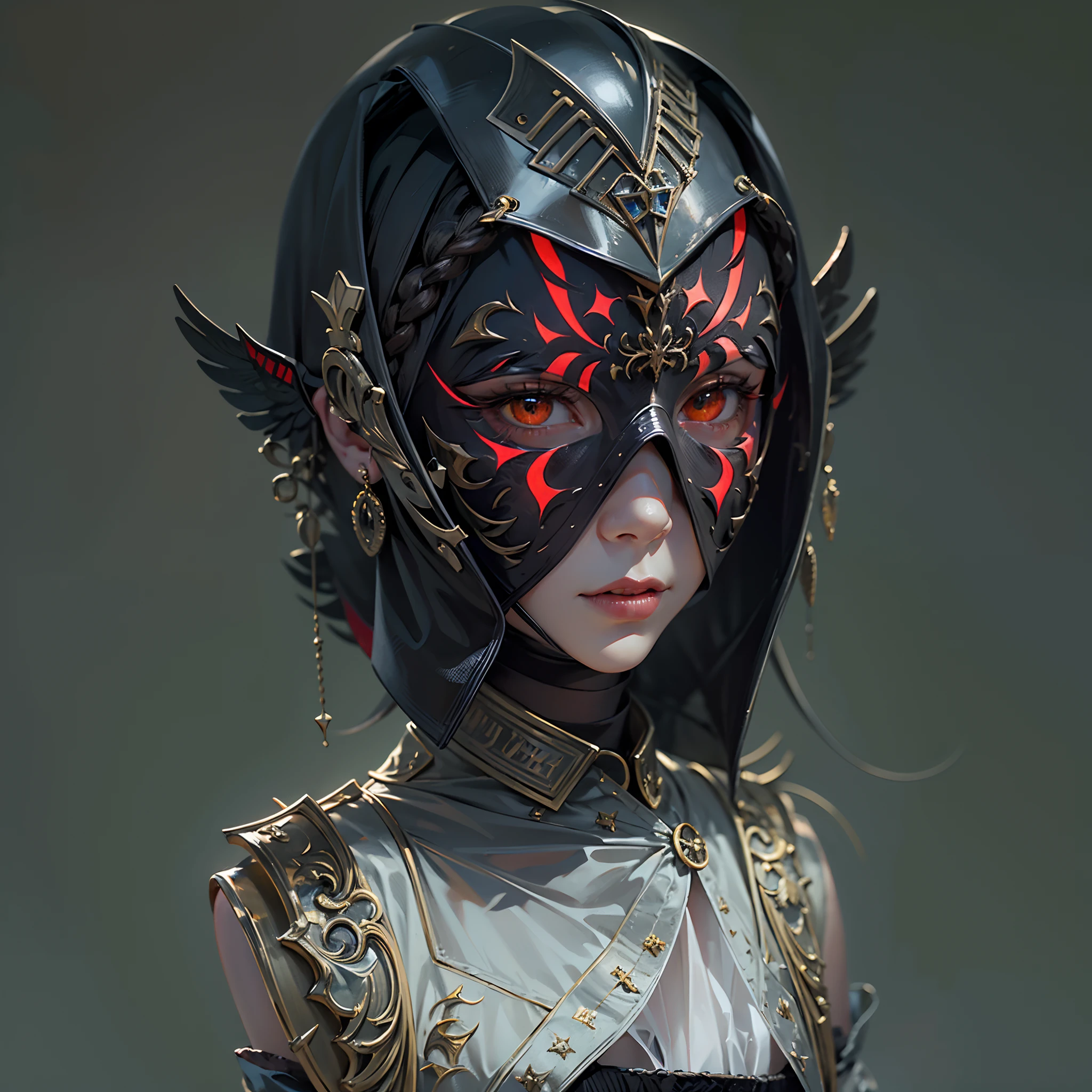 one-girl,Short hair in braids,With a black mirror mask,Highly rounded mask,,The mask is smooth,Reflective,opaque,Can't see the face,The edges of the mask have some fine reflective surfaces,Presents fantastic colors,The forehead of the mask has a red five-pointed star
